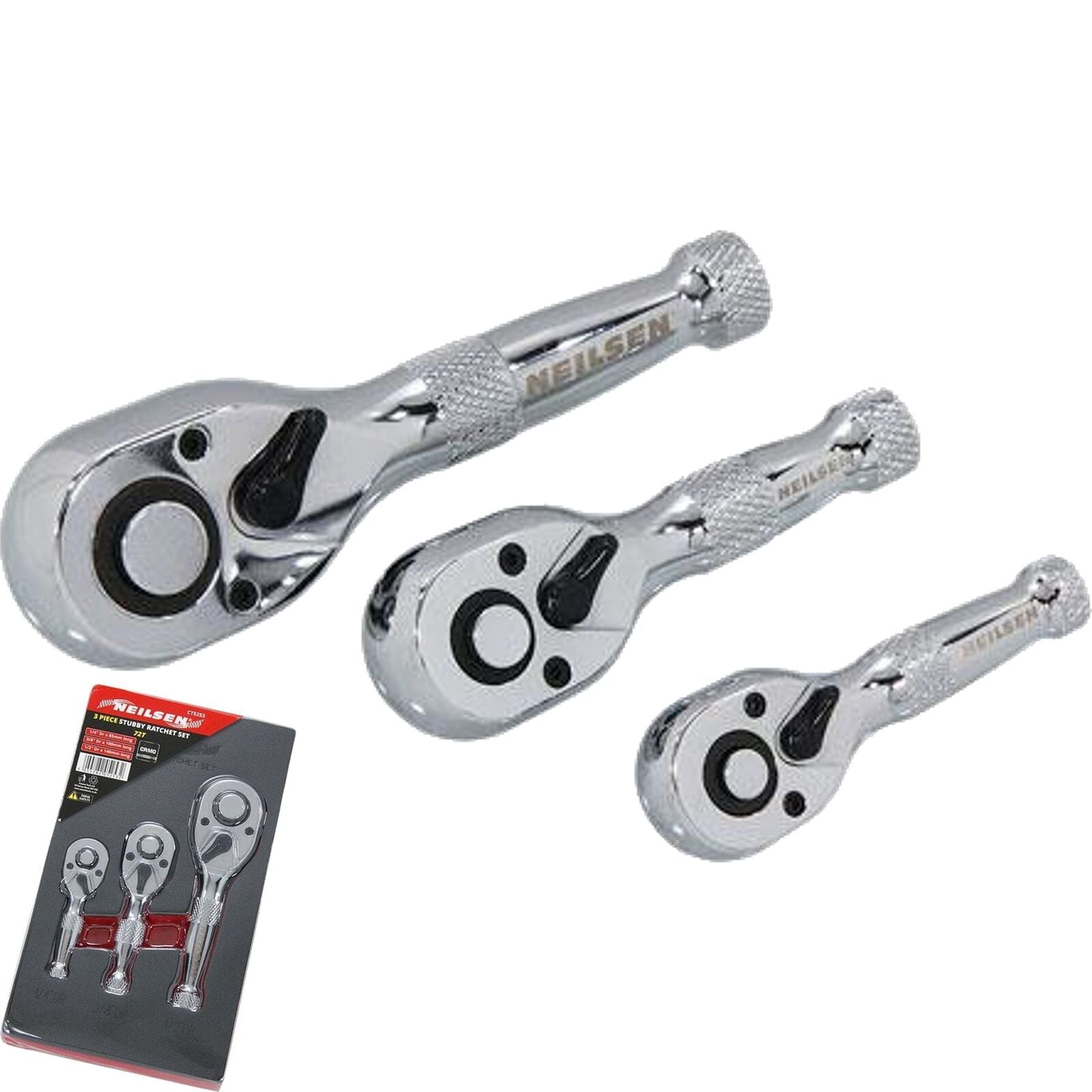 Neilsen Stubby Socket Ratchet Handle Set 1/4" 3/8" 1/2" 72T Set In EVA Foam 3pc Neilsen Stubby Socket Ratchet Handle Set 1/4" 3/8" 1/2" 72T Set In EVA Foam 3pc