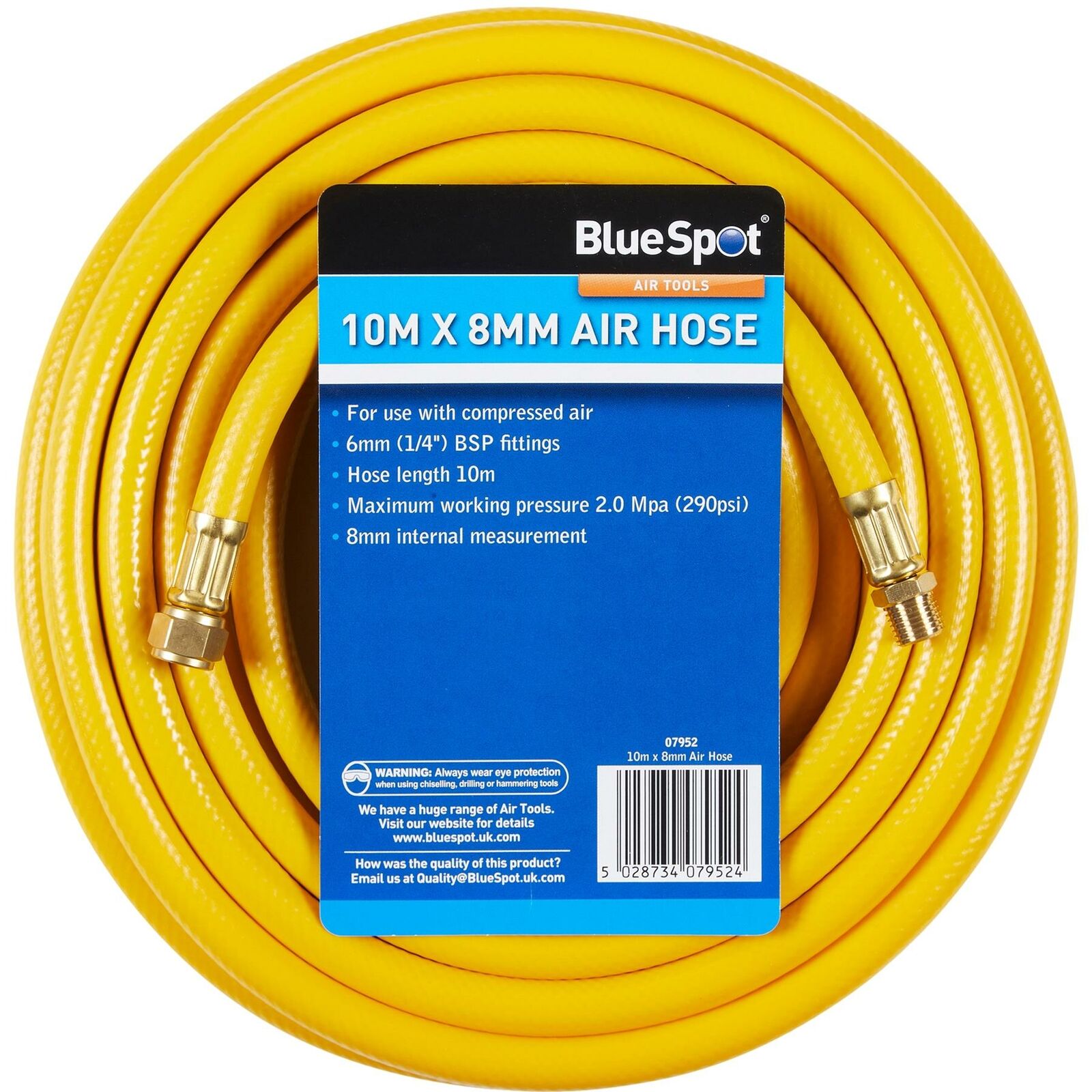 BlueSpot Rubber Air Hose Line 10m For Air Compressor 1/4" BSP 8mm Bore 290 psi BlueSpot Rubber Air Hose Line 10m For Air Compressor 1/4" BSP 8mm Bore 290 psi