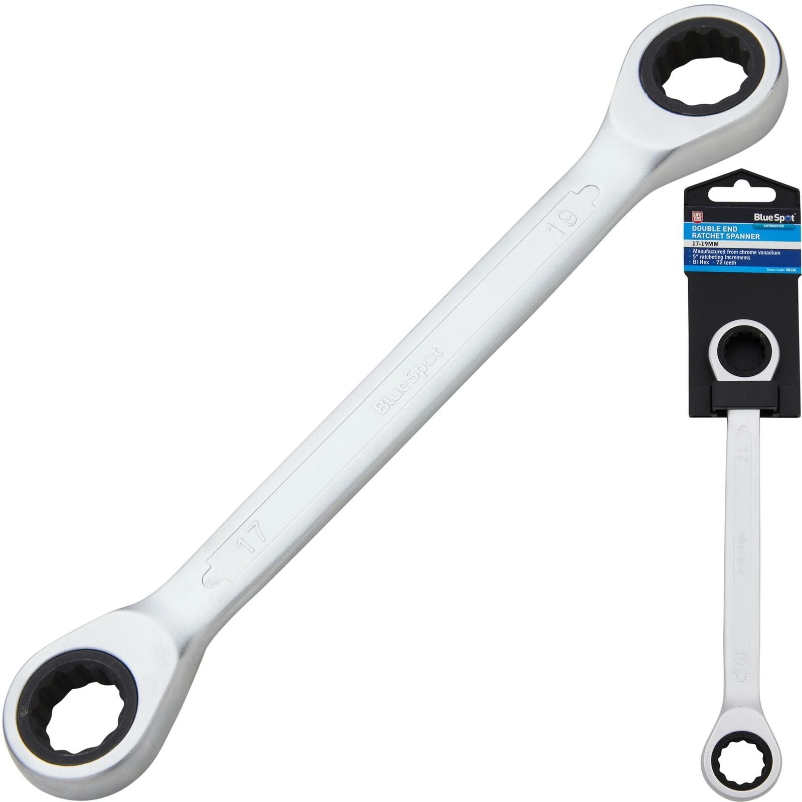 BlueSpot Double Ended Wrench Ratchet Spanner 17mm-19mm Fully polished 72 Teeth BlueSpot Double Ended Wrench Ratchet Spanner 17mm-19mm Fully polished 72 Teeth