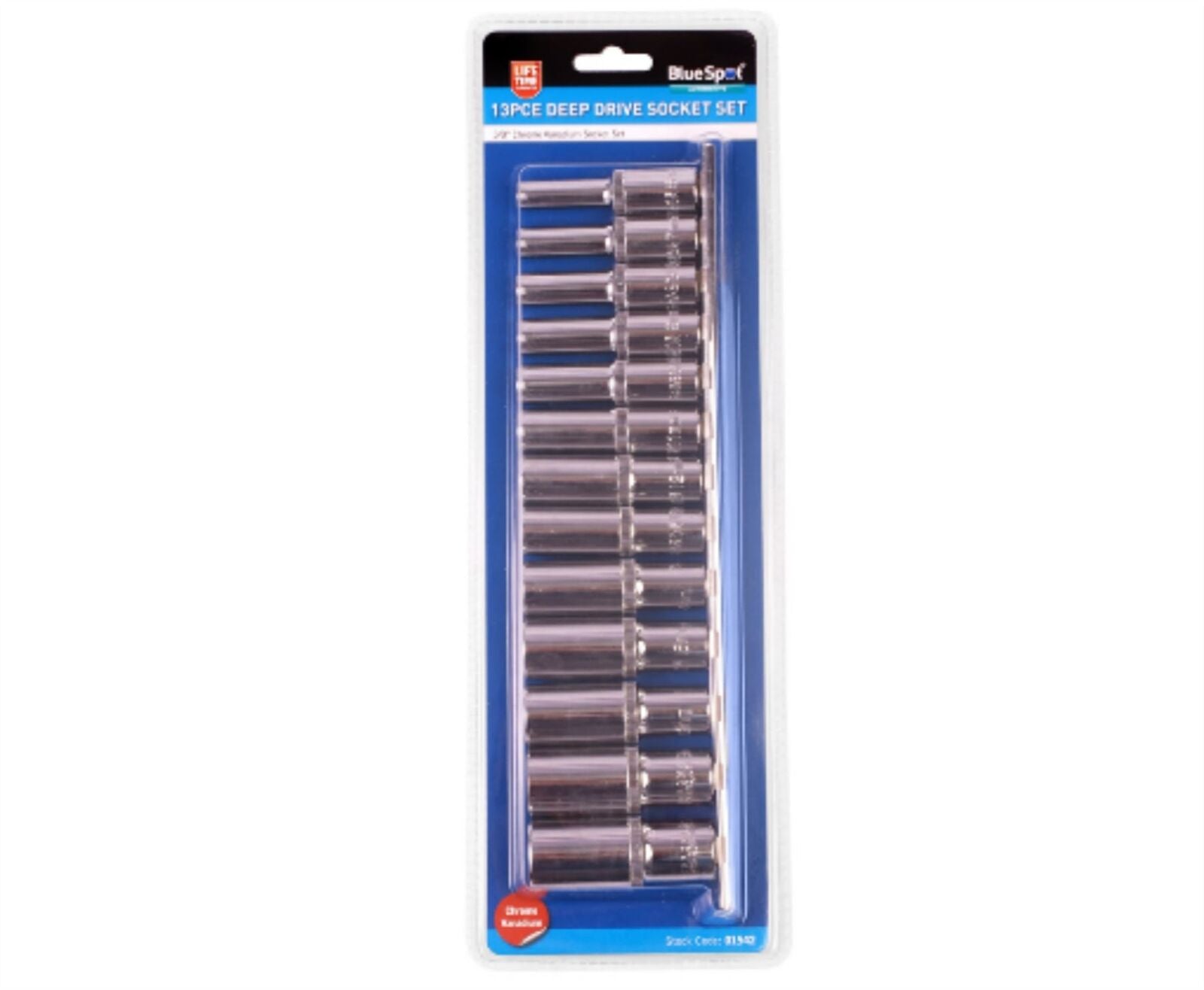 Bluespot Metric Deep Socket Set/ Long Reach Sockets On Rail 3/8" Drive 6-19mm Bluespot Metric Deep Socket Set/ Long Reach Sockets On Rail 3/8" Drive 6-19mm