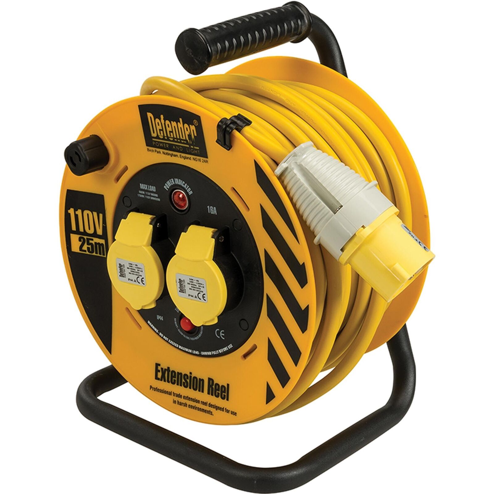 Defender 110V Lightweight Cable Extension Reel 2.5mm2 2-Way 16A 25m Power Tools Defender 110V Lightweight Cable Extension Reel 2.5mm2 2-Way 16A 25m Power Tools