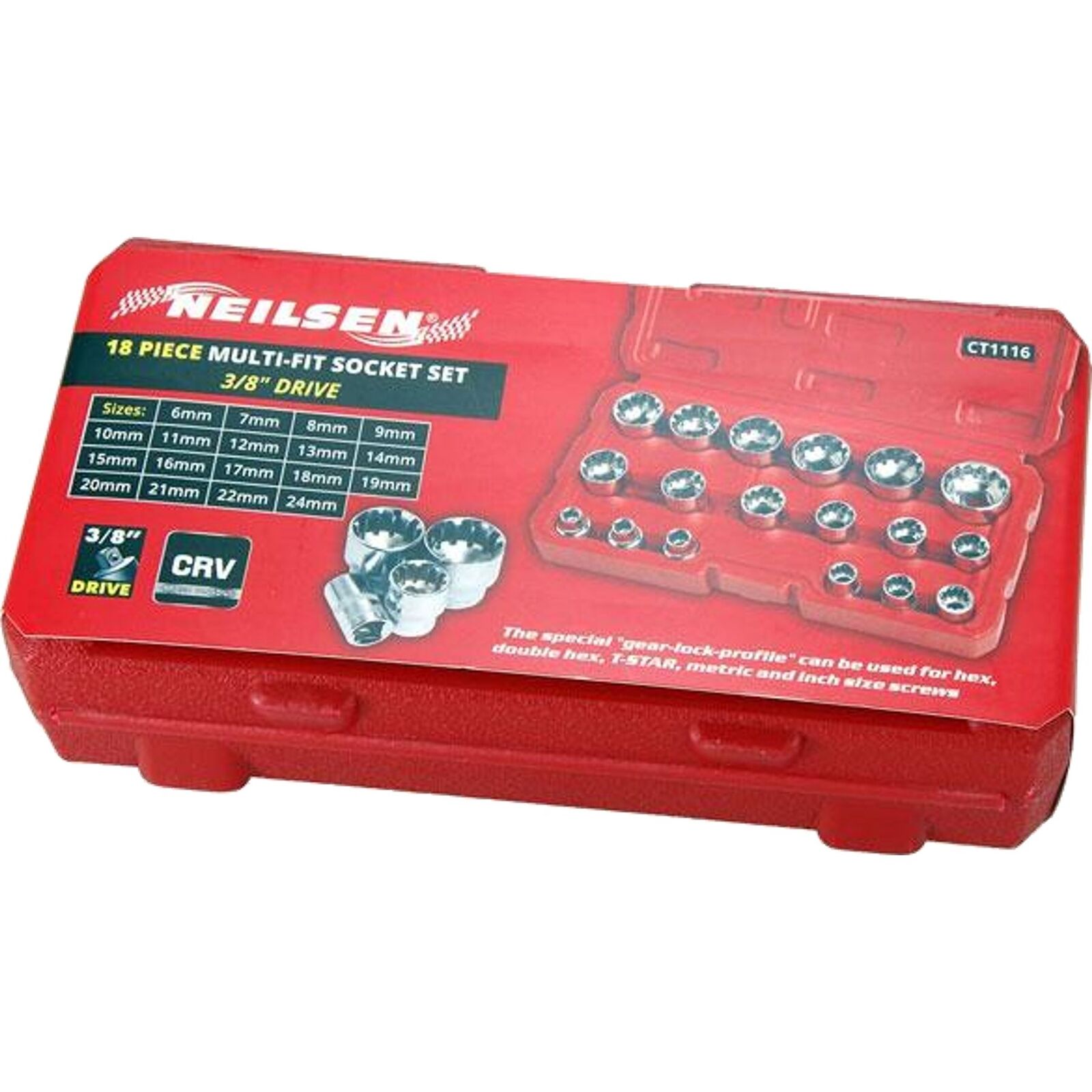 Neilsen Metric Multi Drive Sockets 6mm - 24mm Socket Set In Bmc 18pc 3/8" Neilsen Metric Multi Drive Sockets 6mm - 24mm Socket Set In Bmc 18pc 3/8"