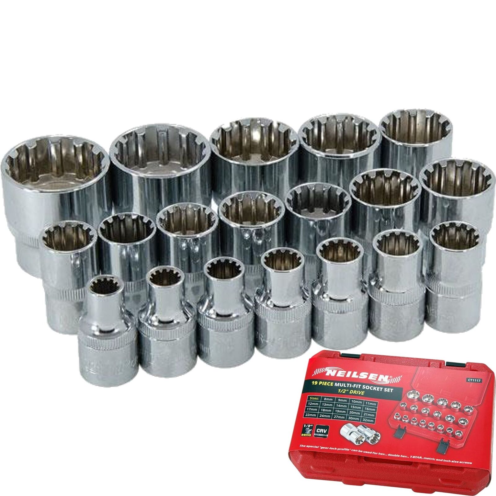 Neilsen Metric Multi Drive Sockets 8mm - 32mm Socket Set In Bmc 19pc 1/2" Neilsen Metric Multi Drive Sockets 8mm - 32mm Socket Set In Bmc 19pc 1/2"