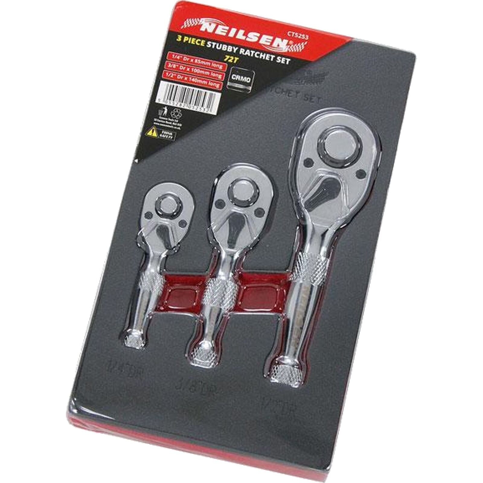 Neilsen Stubby Socket Ratchet Handle Set 1/4" 3/8" 1/2" 72T Set In EVA Foam 3pc Neilsen Stubby Socket Ratchet Handle Set 1/4" 3/8" 1/2" 72T Set In EVA Foam 3pc