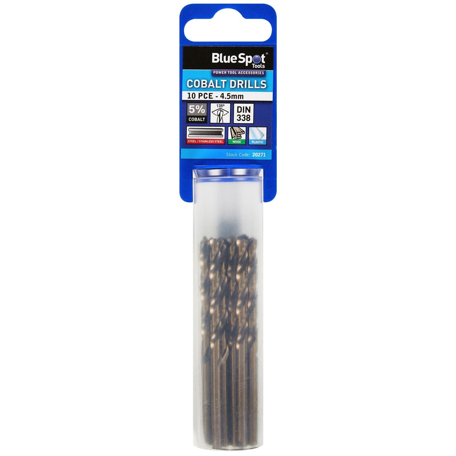 BlueSpot Metal Hss Cobalt Drill Bits Set 10pc 4.5mm For Steel Wood Plastic BlueSpot Metal Hss Cobalt Drill Bits Set 10pc 4.5mm For Steel Wood Plastic