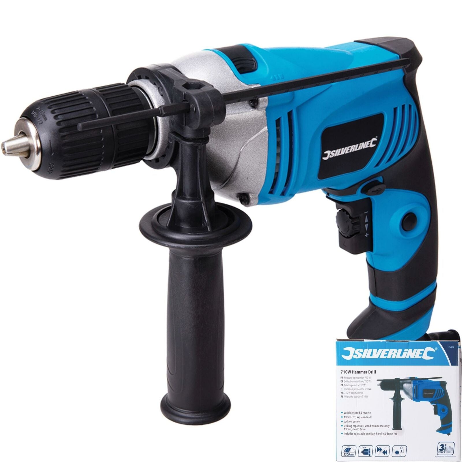 Silverline 710W 13mm Variable Speed Impact Corded Rotary Electric Hammer Drill Silverline 710W 13mm Variable Speed Impact Corded Rotary Electric Hammer Drill