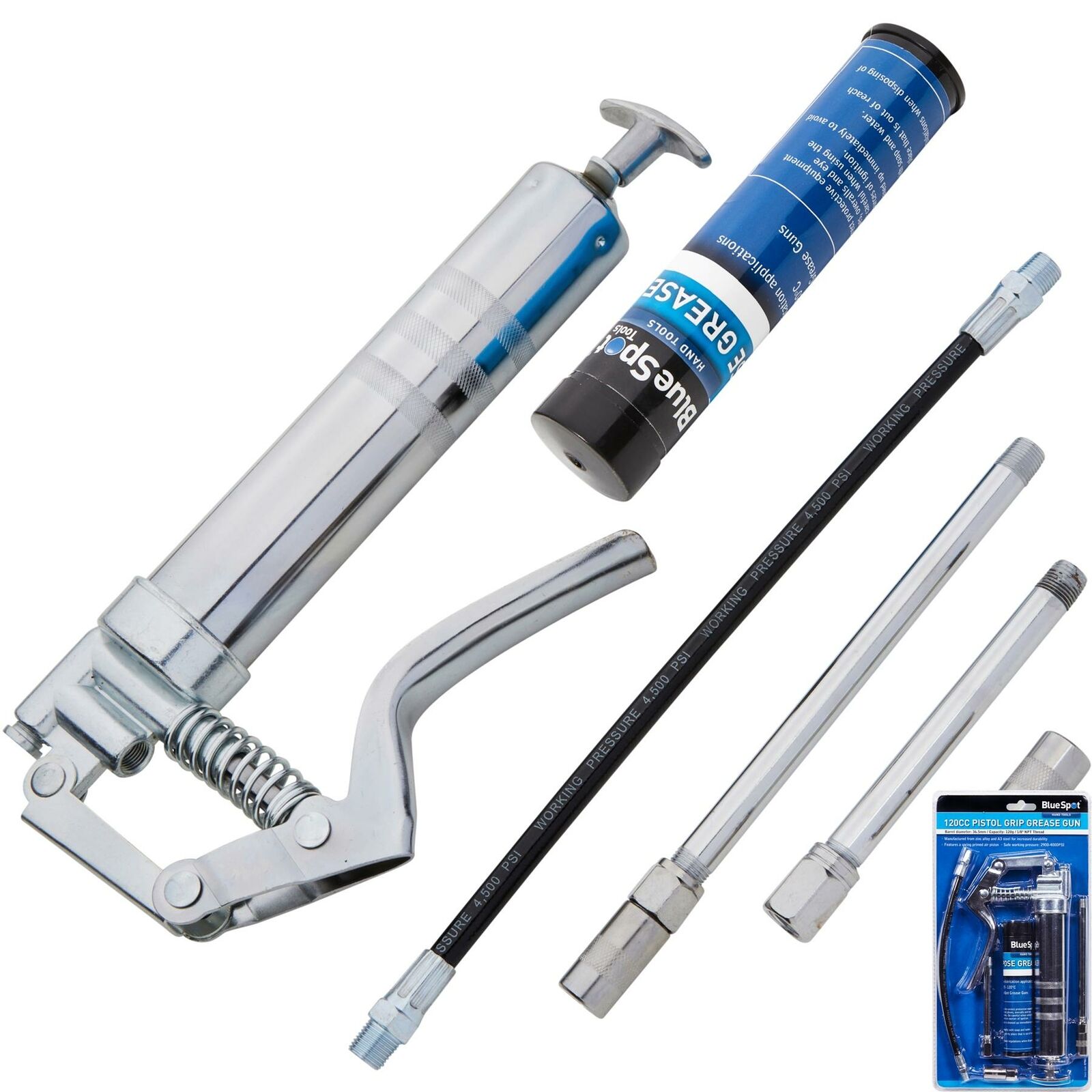 BlueSpot Manual Grease Gun Lever Pistol Grip 120cc Cartridge Type Flexi Hose BlueSpot Manual Grease Gun Lever Pistol Grip 120cc Cartridge Type Flexi Hose