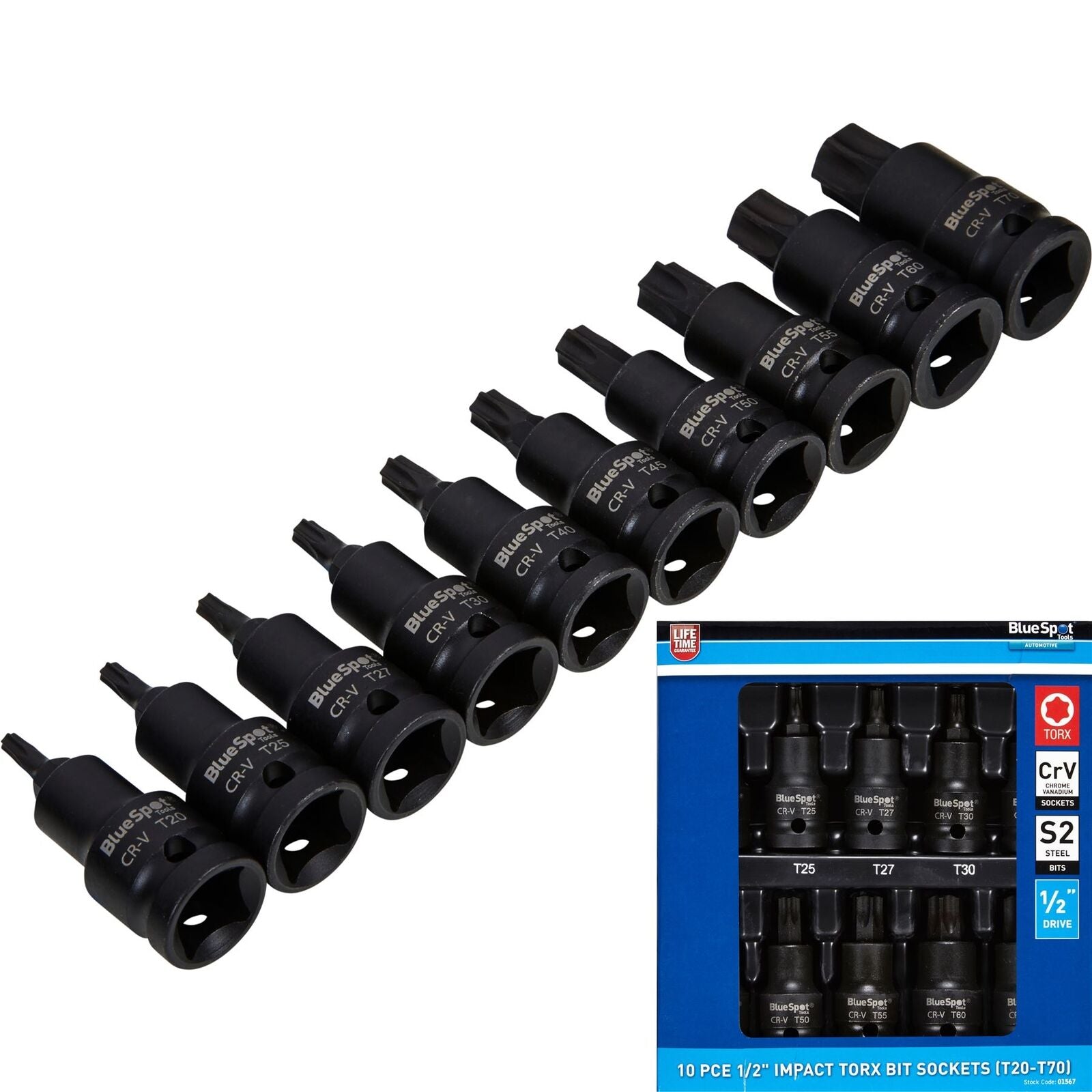 BlueSpot Impact Key Torx 1/2" Drive Bit Socket Set T20 - T70 Bits 10pc BlueSpot Impact Key Torx 1/2" Drive Bit Socket Set T20 - T70 Bits 10pc