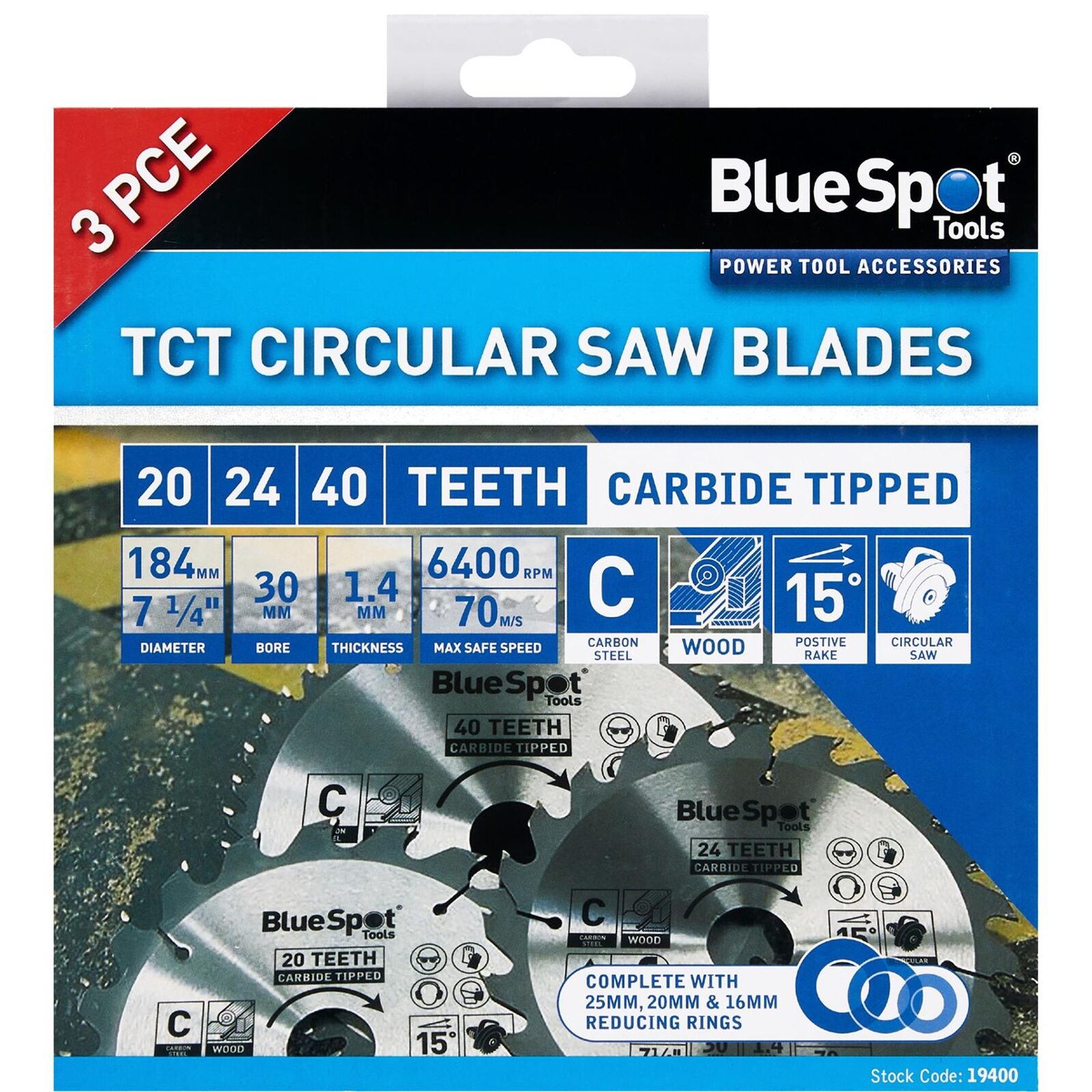 BlueSpot 184mm Circular Mitre Saw Blade 30mm Bore 25 20 16mm Rings 24 40 48T 3pc BlueSpot 184mm Circular Mitre Saw Blade 30mm Bore 25 20 16mm Rings 24 40 48T 3pc