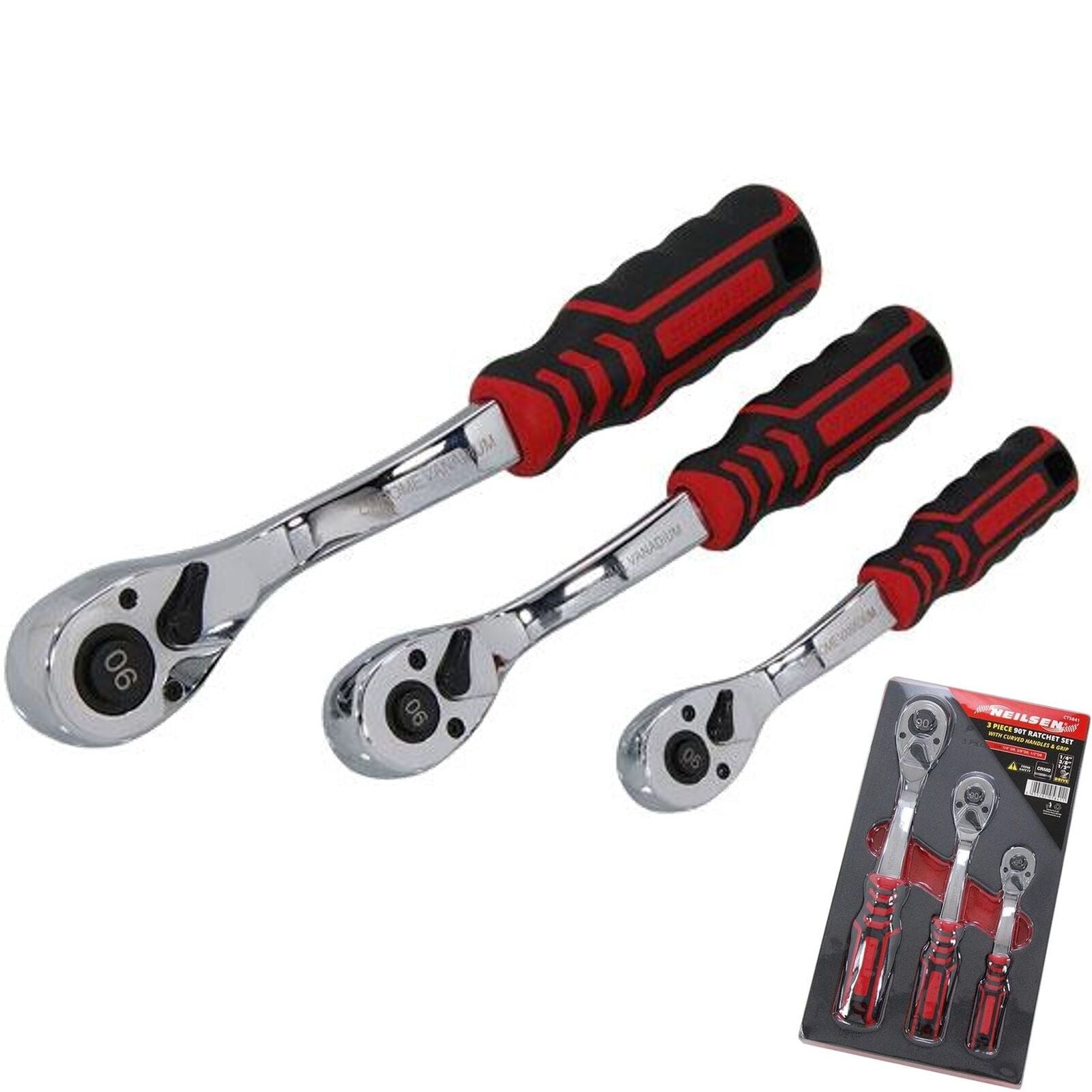 Neilsen Socket Soft Grip Ratchet Curved Handle 1/4" 3/8" 1/2" Set EVA Foam 3pc Neilsen Socket Soft Grip Ratchet Curved Handle 1/4" 3/8" 1/2" Set EVA Foam 3pc