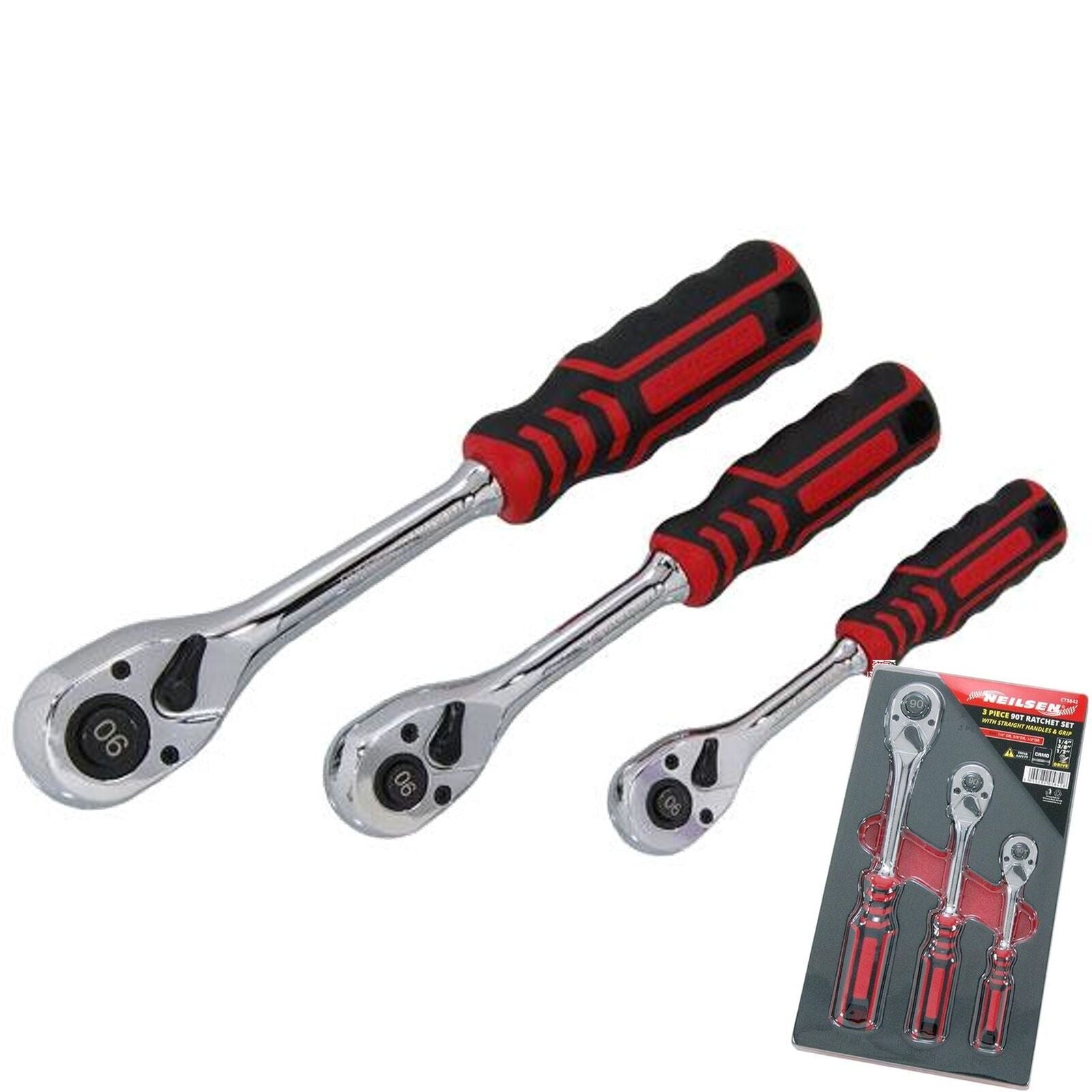Neilsen Socket Soft Grip Ratchet Handle 1/4" 3/8" 1/2" 90T Set In EVA Foam 3pc Neilsen Socket Soft Grip Ratchet Handle 1/4" 3/8" 1/2" 90T Set In EVA Foam 3pc