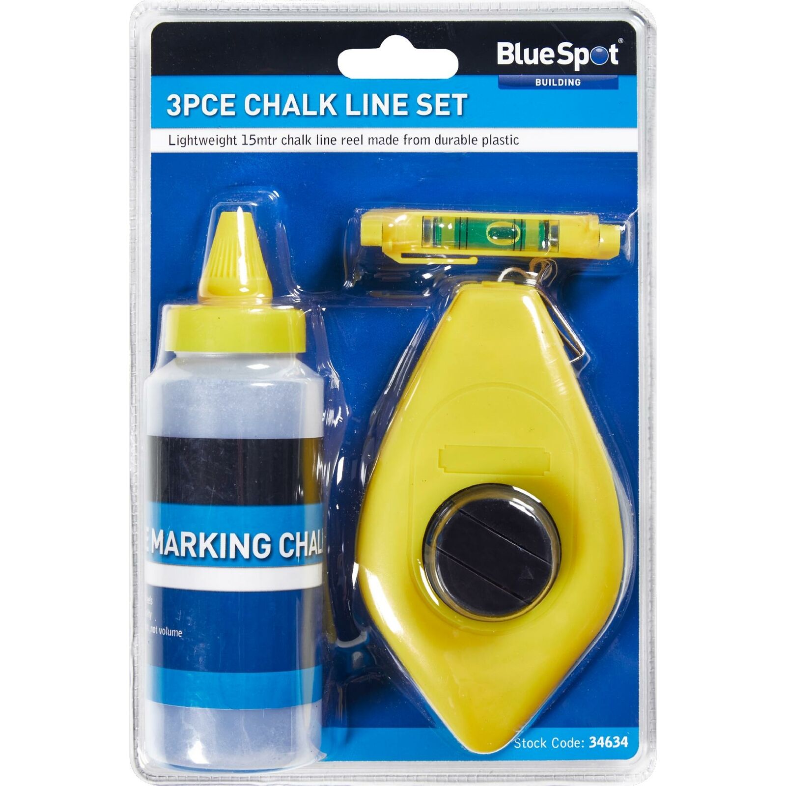 BlueSpot 3pc Builders Blue Chalk String Line Kit Reel Set 15m (50ft) With Level BlueSpot 3pc Builders Blue Chalk String Line Kit Reel Set 15m (50ft) With Level