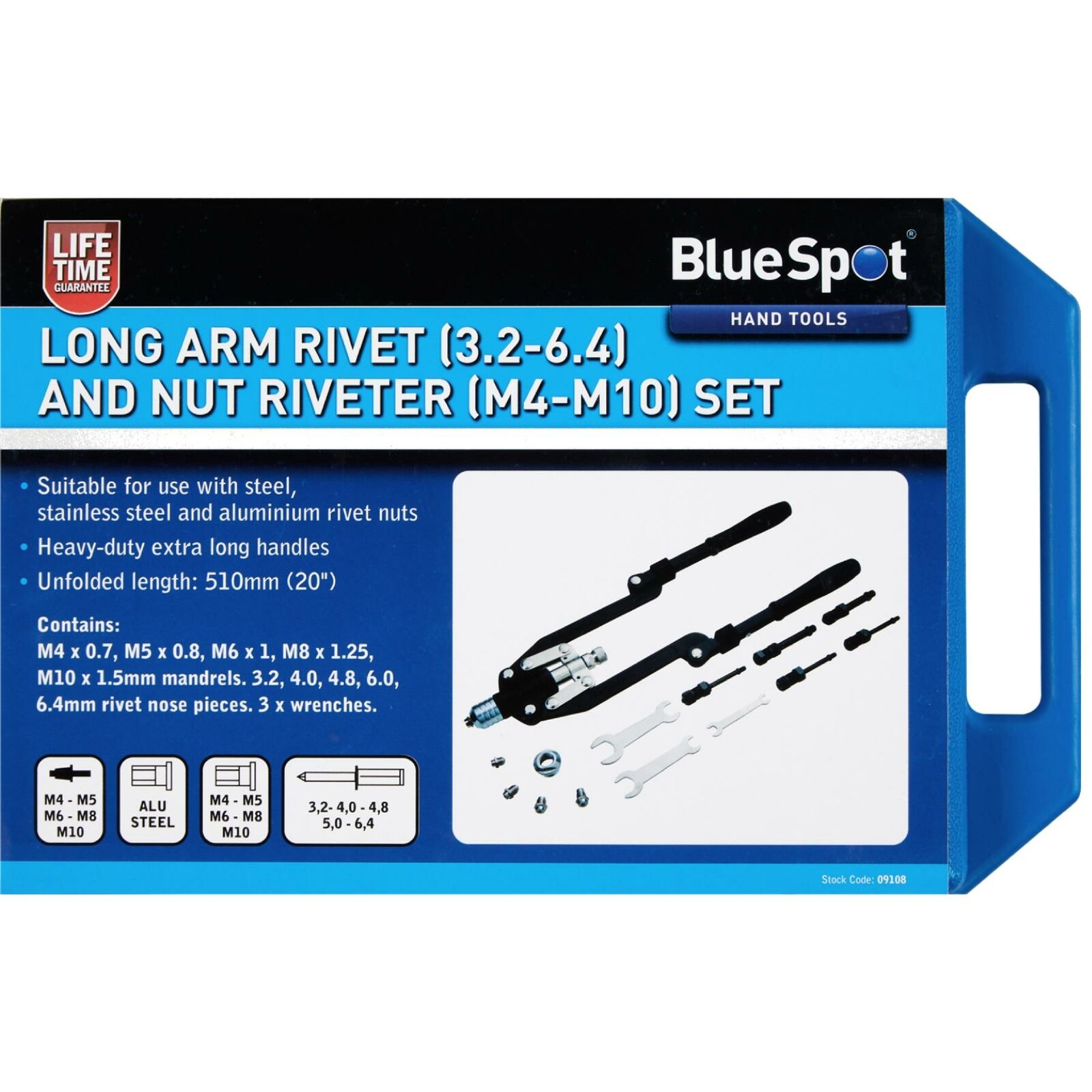 BlueSpot Long Arm Rivet 3.2-6.4 Threaded Nut Riveter M4-M10 Setting Gun Tool Set BlueSpot Long Arm Rivet 3.2-6.4 Threaded Nut Riveter M4-M10 Setting Gun Tool Set