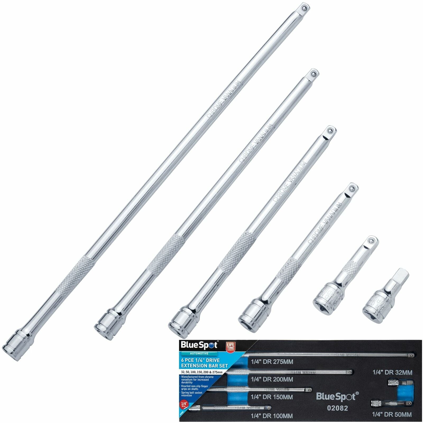 BlueSpot 6pc 1/4" Drive Socket Extension Bar Set 32 50 100 150 200 275mm Long BlueSpot 6pc 1/4" Drive Socket Extension Bar Set 32 50 100 150 200 275mm Long