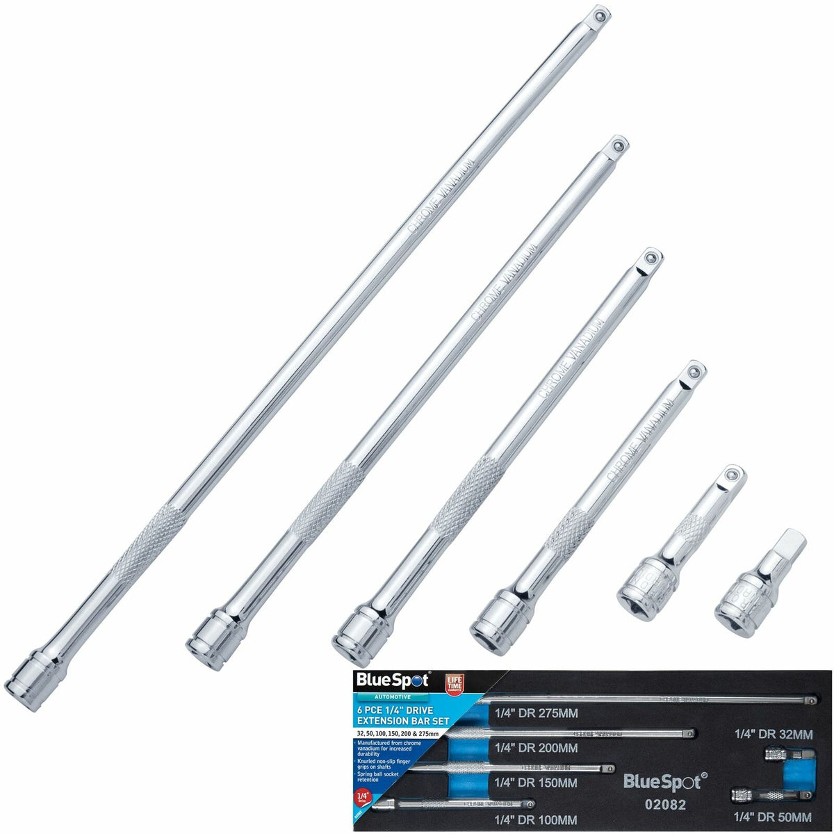 BlueSpot 6pc 1/4" Drive Socket Extension Bar Set 32 50 100 150 200 275mm Long