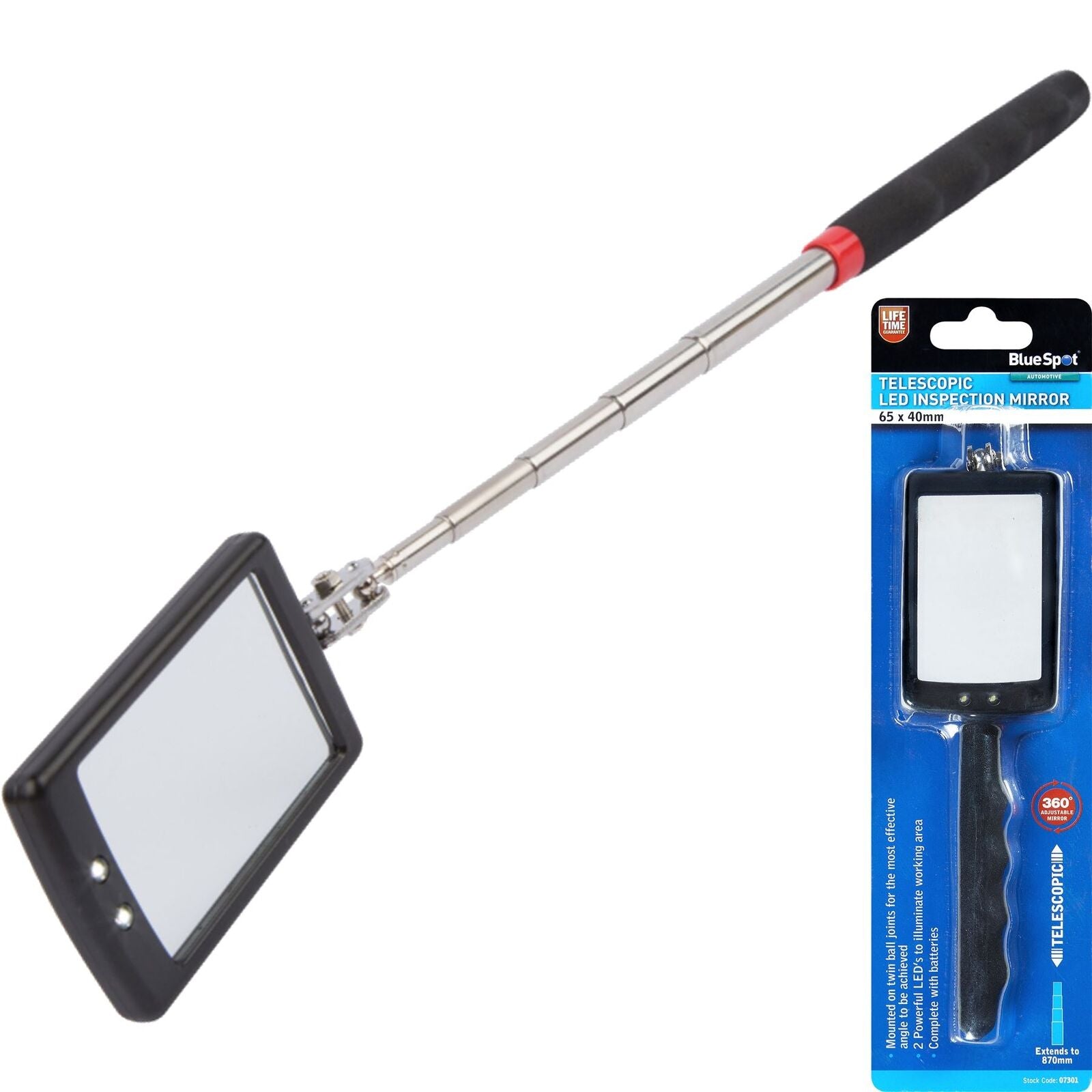 Bluespot Mechanics Inspection Mirror Telescopic Extending Led Square 870mm Bluespot Mechanics Inspection Mirror Telescopic Extending Led Square 870mm