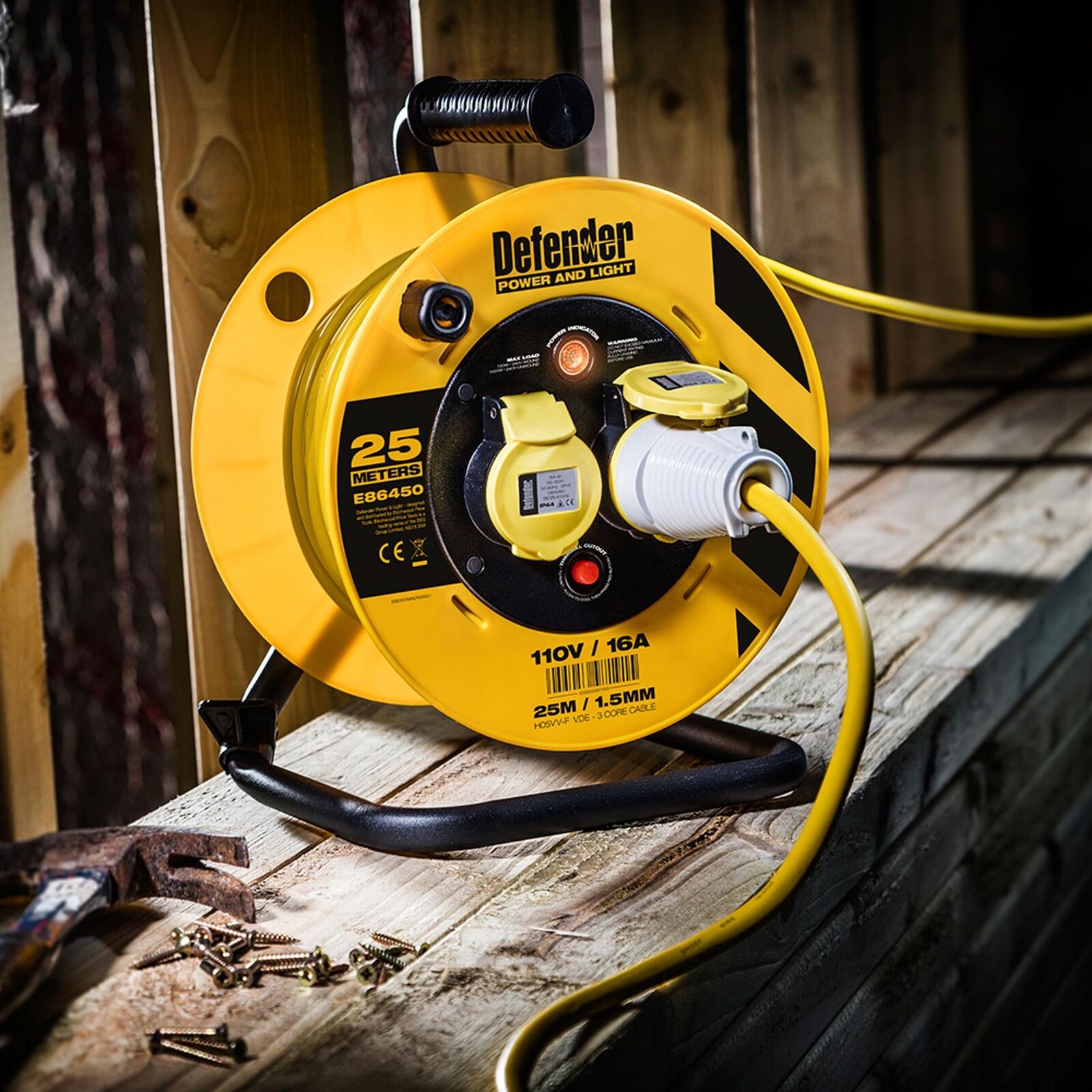 Defender 110V Lightweight Cable Extension Reel 2.5mm2 2-Way 16A 25m Power Tools Defender 110V Lightweight Cable Extension Reel 2.5mm2 2-Way 16A 25m Power Tools