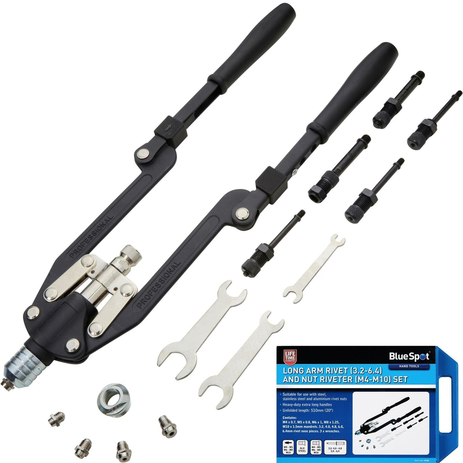 BlueSpot Long Arm Rivet 3.2-6.4 Threaded Nut Riveter M4-M10 Setting Gun Tool Set BlueSpot Long Arm Rivet 3.2-6.4 Threaded Nut Riveter M4-M10 Setting Gun Tool Set