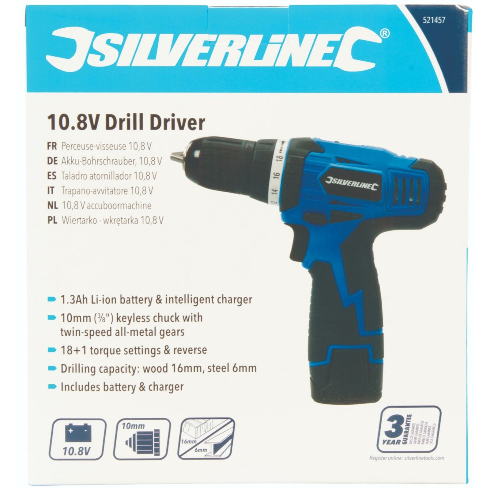 Silverline 10.8V Electric Drill Driver Screwdriver Keyless Chuck Li-Ion Battery Silverline 10.8V Electric Drill Driver Screwdriver Keyless Chuck Li-Ion Battery