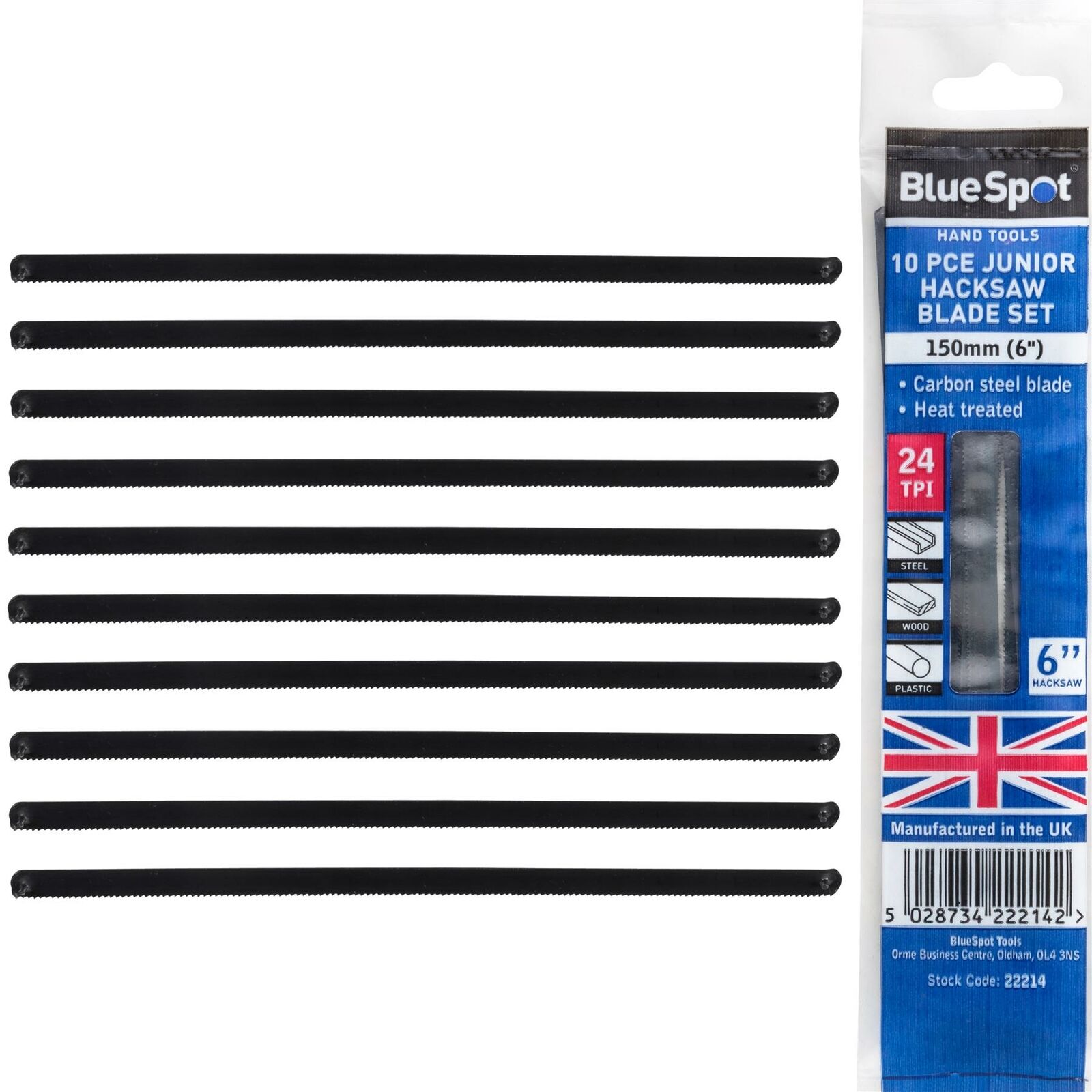 Bluespot 10pc Junior Hacksaw Blade Set 150mm Carbon Steel British Made 6" Bluespot 10pc Junior Hacksaw Blade Set 150mm Carbon Steel British Made 6"