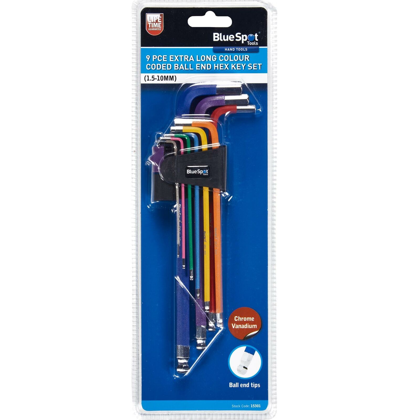 BlueSpot Extra Long Colour Coded Ball End Metric Hex Key Set 9pc 1.5-10mm BlueSpot Extra Long Colour Coded Ball End Metric Hex Key Set 9pc 1.5-10mm