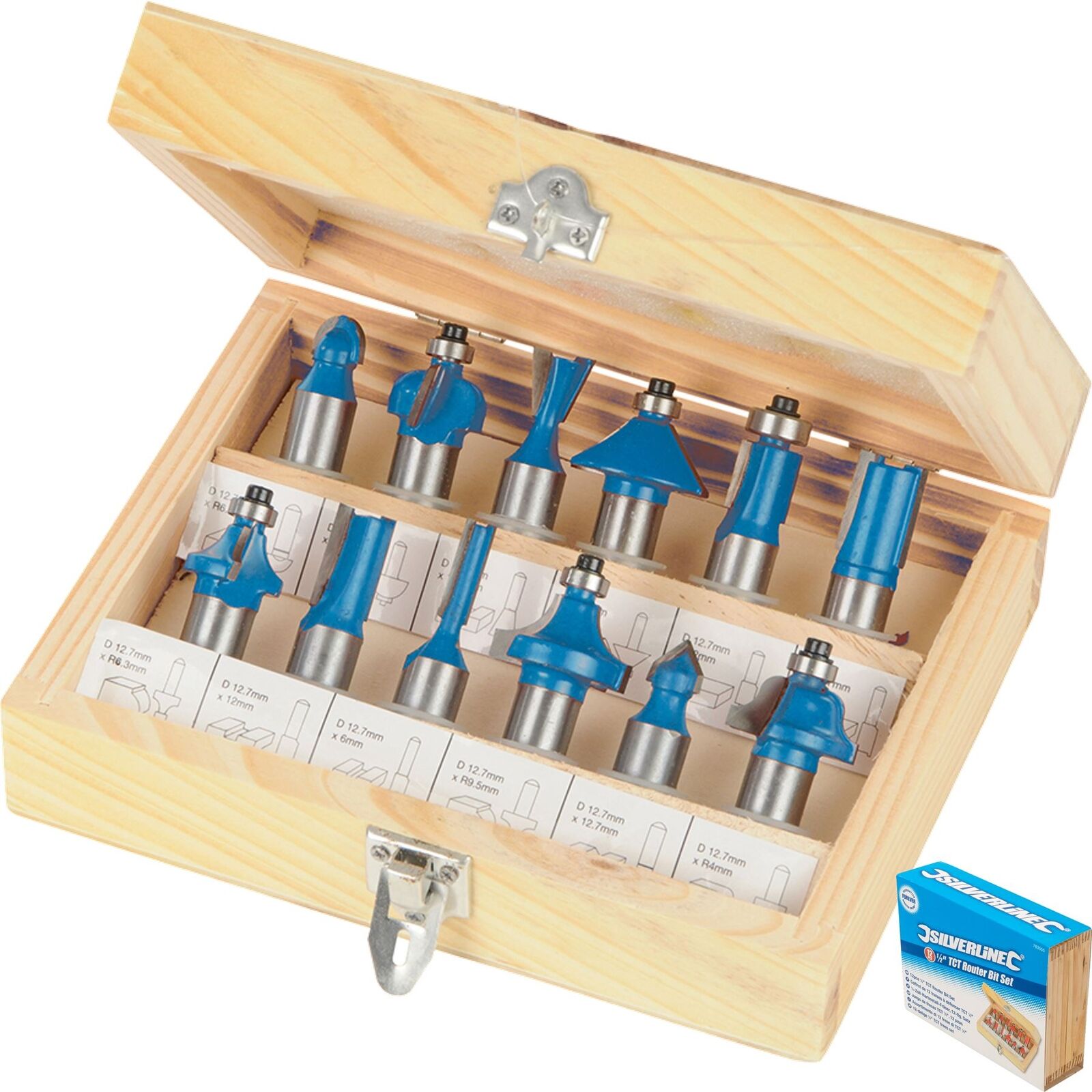 Silverline 12pc TCT Edge Cutting Router Bits 1/2" Shank Grooving Rounding Set Silverline 12pc TCT Edge Cutting Router Bits 1/2" Shank Grooving Rounding Set