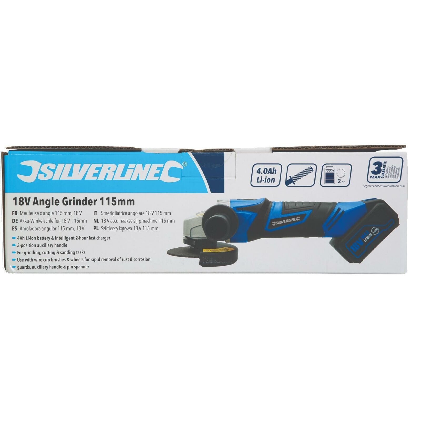Silverline 18V 115mm Cordless Electric Angle Grinder 2Ah Li-ion battery 4.5" Silverline 18V 115mm Cordless Electric Angle Grinder 2Ah Li-ion battery 4.5"