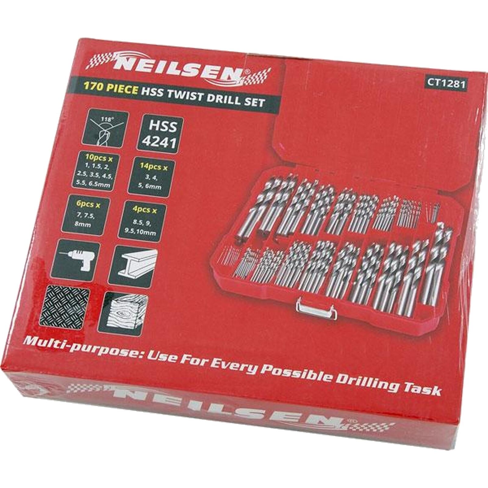 Neilsen Metal HSS Metric 170pc Drill Bits Set 1mm to 10mm for Steel Metal Wood Neilsen Metal HSS Metric 170pc Drill Bits Set 1mm to 10mm for Steel Metal Wood