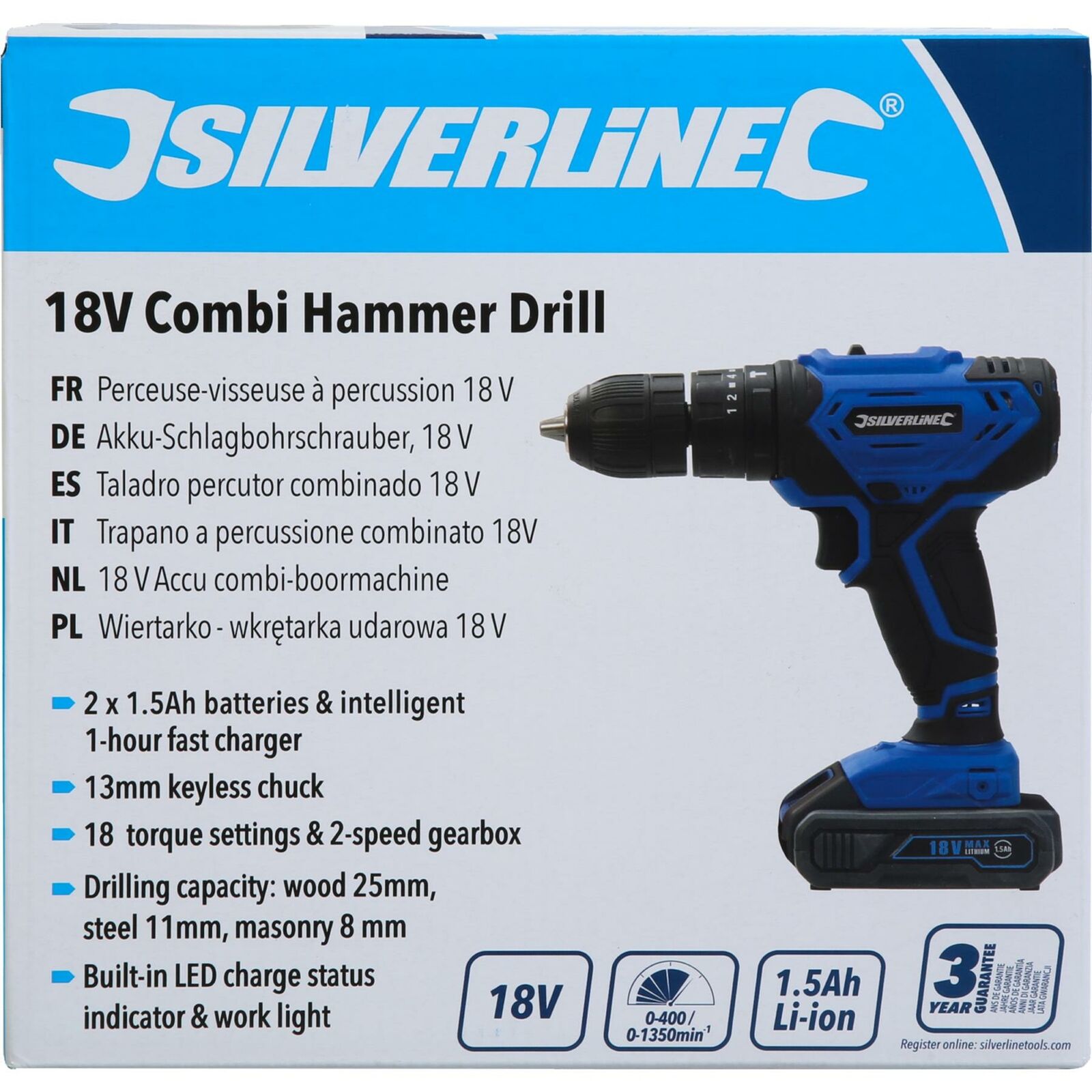 Silverline 18V Electric Combi Hammer Drill Keyless Chuck Li-Ion Battery Silverline 18V Electric Combi Hammer Drill Keyless Chuck Li-Ion Battery