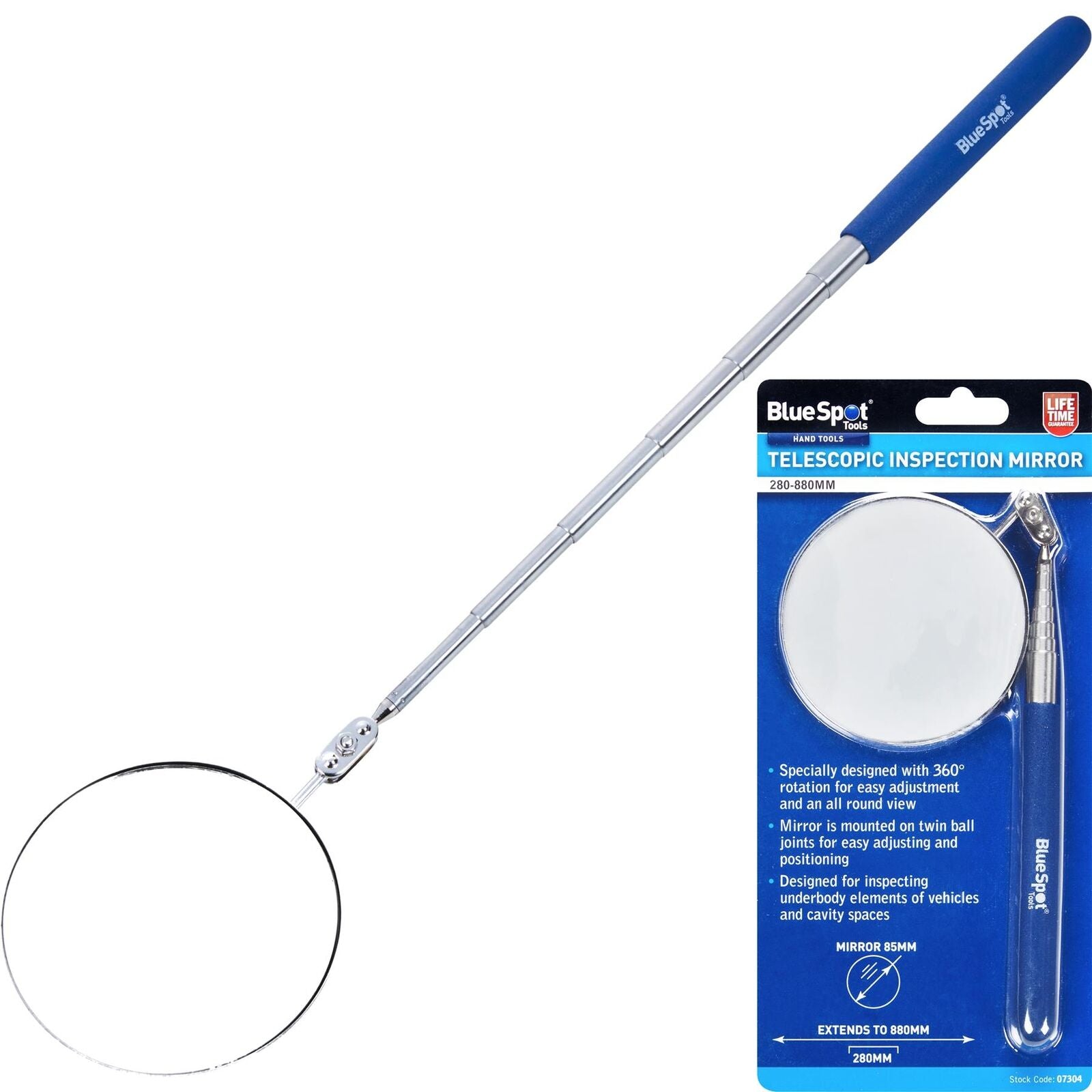 Bluespot Mechanics Inspection Mirror Telescopic Extending Circle 280-880mm Bluespot Mechanics Inspection Mirror Telescopic Extending Circle 280-880mm
