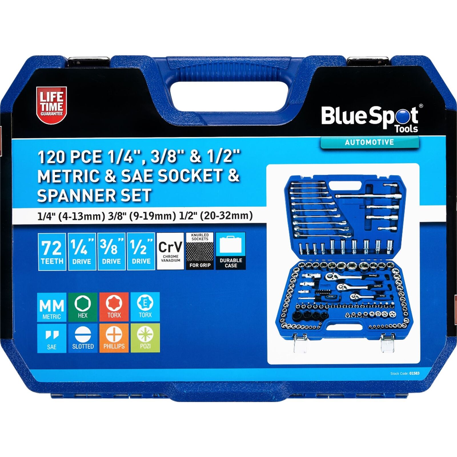 BlueSpot Metric Sae Socket Spanner Ratchet Set 4mm - 32mm 1/4" 3/8" 1/2" 120pc BlueSpot Metric Sae Socket Spanner Ratchet Set 4mm - 32mm 1/4" 3/8" 1/2" 120pc