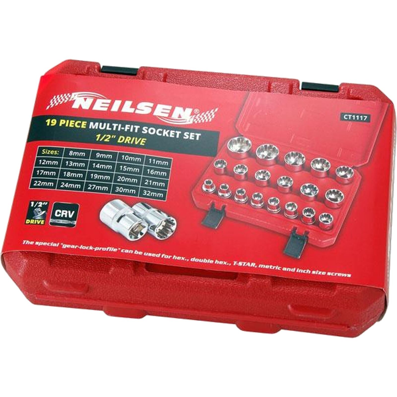 Neilsen Metric Multi Drive Sockets 8mm - 32mm Socket Set In Bmc 19pc 1/2" Neilsen Metric Multi Drive Sockets 8mm - 32mm Socket Set In Bmc 19pc 1/2"