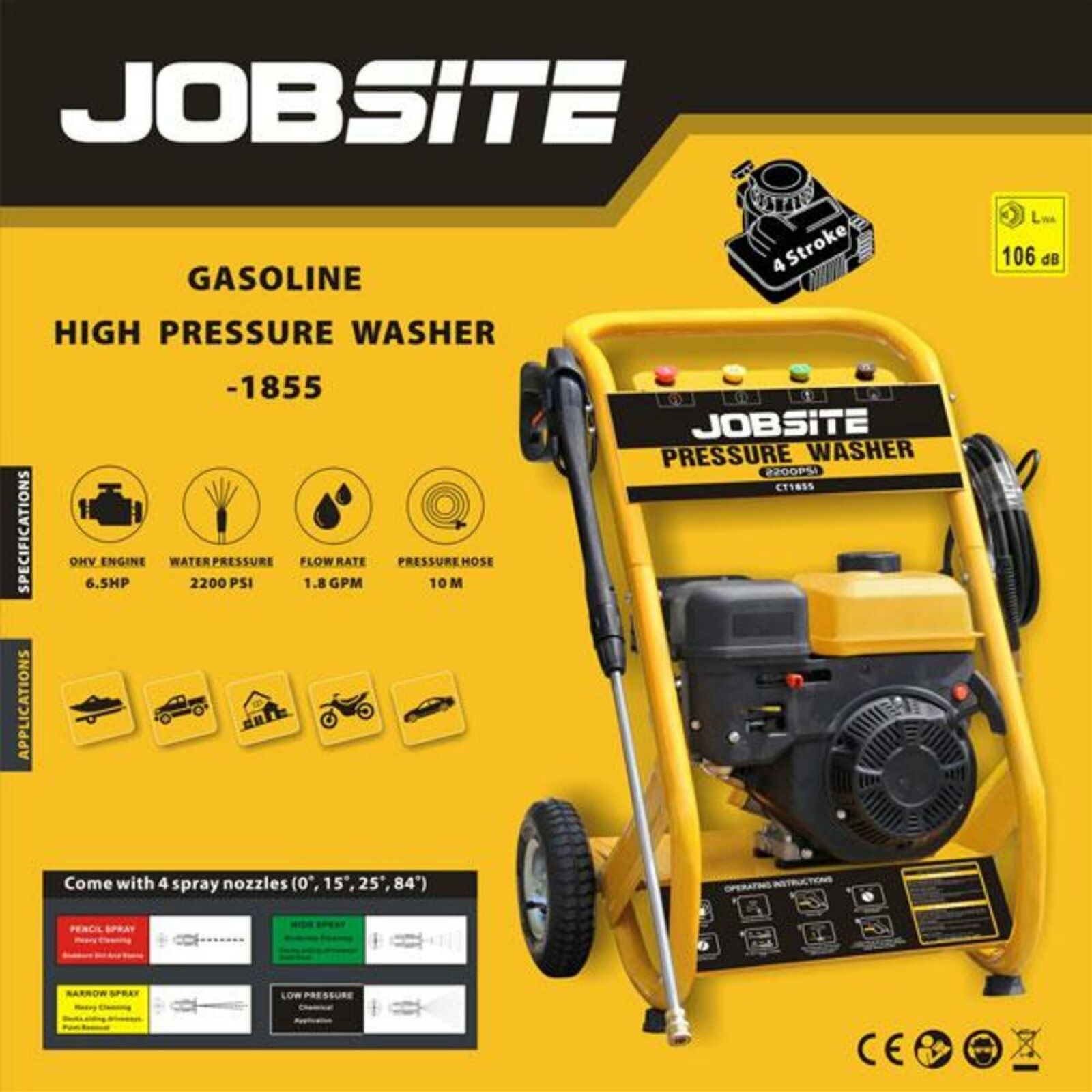 Jobsite Petrol Pressure Washer 2200 PSI 6.5HP High Power Jet 4 Stroke Garden Car Jobsite Petrol Pressure Washer 2200 PSI 6.5HP High Power Jet 4 Stroke Garden Car