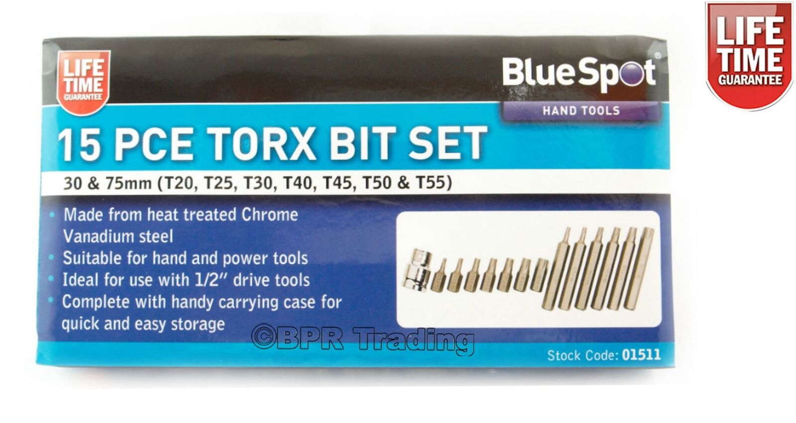 Bluespot Torx Star Keys Set 15pc 1/2" Drive Wrench Key Socket Bit Set T20 - T55 Bluespot Torx Star Keys Set 15pc 1/2" Drive Wrench Key Socket Bit Set T20 - T55