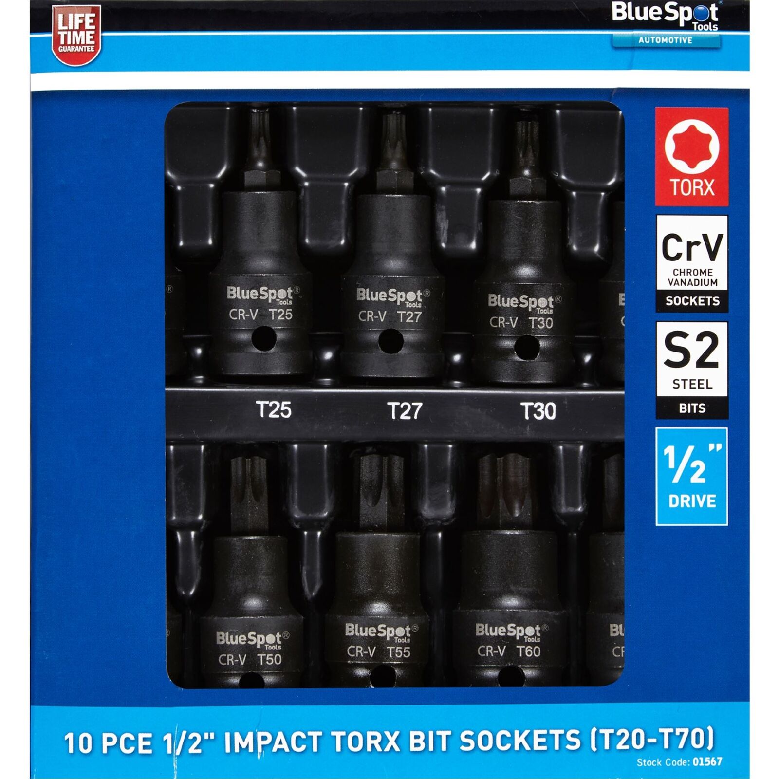 BlueSpot Impact Key Torx 1/2" Drive Bit Socket Set T20 - T70 Bits 10pc BlueSpot Impact Key Torx 1/2" Drive Bit Socket Set T20 - T70 Bits 10pc