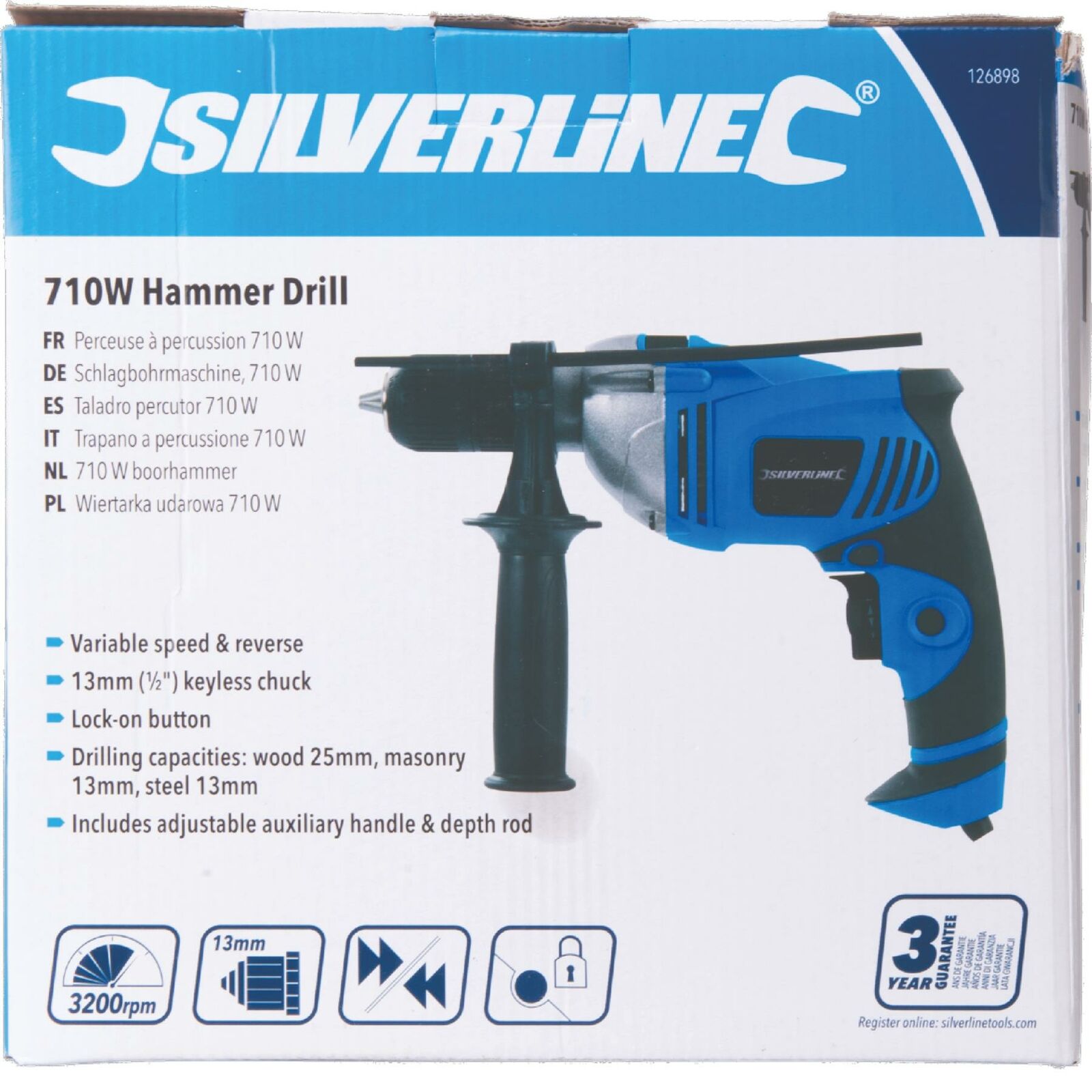 Silverline 710W 13mm Variable Speed Impact Corded Rotary Electric Hammer Drill Silverline 710W 13mm Variable Speed Impact Corded Rotary Electric Hammer Drill