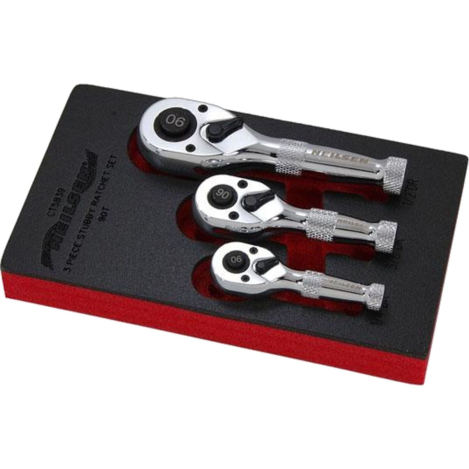 Neilsen Stubby Socket Ratchet Handle Set 1/4" 3/8" 1/2" 90T Set In EVA Foam 3pc Neilsen Stubby Socket Ratchet Handle Set 1/4" 3/8" 1/2" 90T Set In EVA Foam 3pc