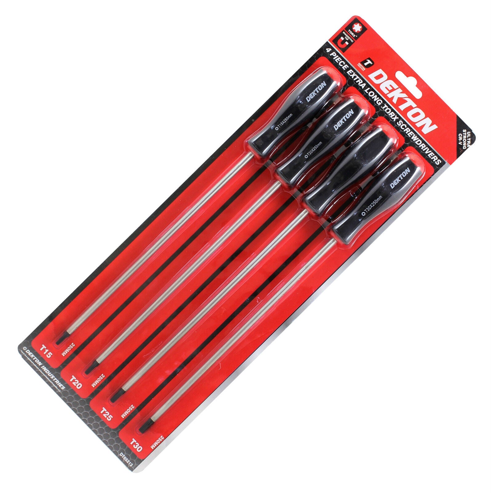 Dekton 4pc Extra Long Star Torx Screwdriver Set Magnetic Tip T15 - T30 x 250mm Dekton 4pc Extra Long Star Torx Screwdriver Set Magnetic Tip T15 - T30 x 250mm