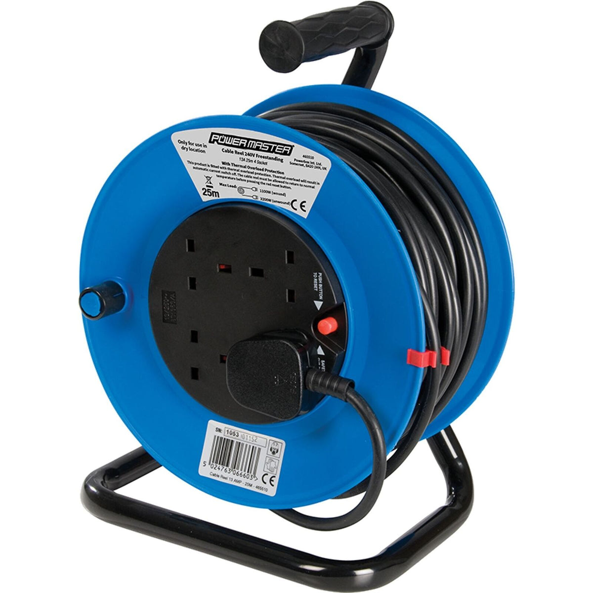 Powermaster 230V Freestanding Lightweight Cable Extension Reel 4-Way 13A 50m