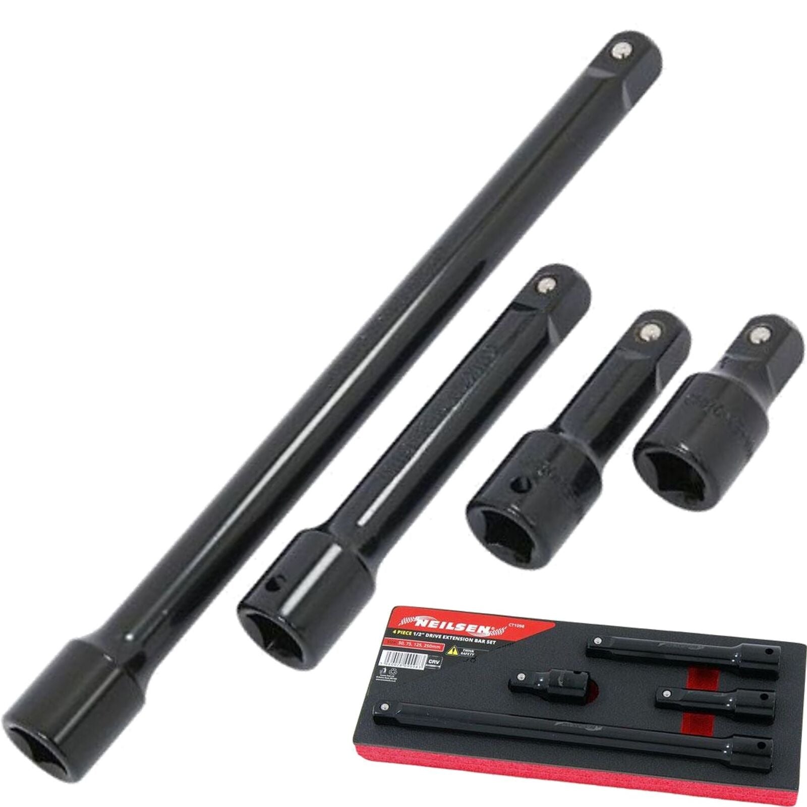 Neilsen Socket Impact Extension Bar Set 50 75 125 & 250mm Long 4pc 1/2" Neilsen Socket Impact Extension Bar Set 50 75 125 & 250mm Long 4pc 1/2"
