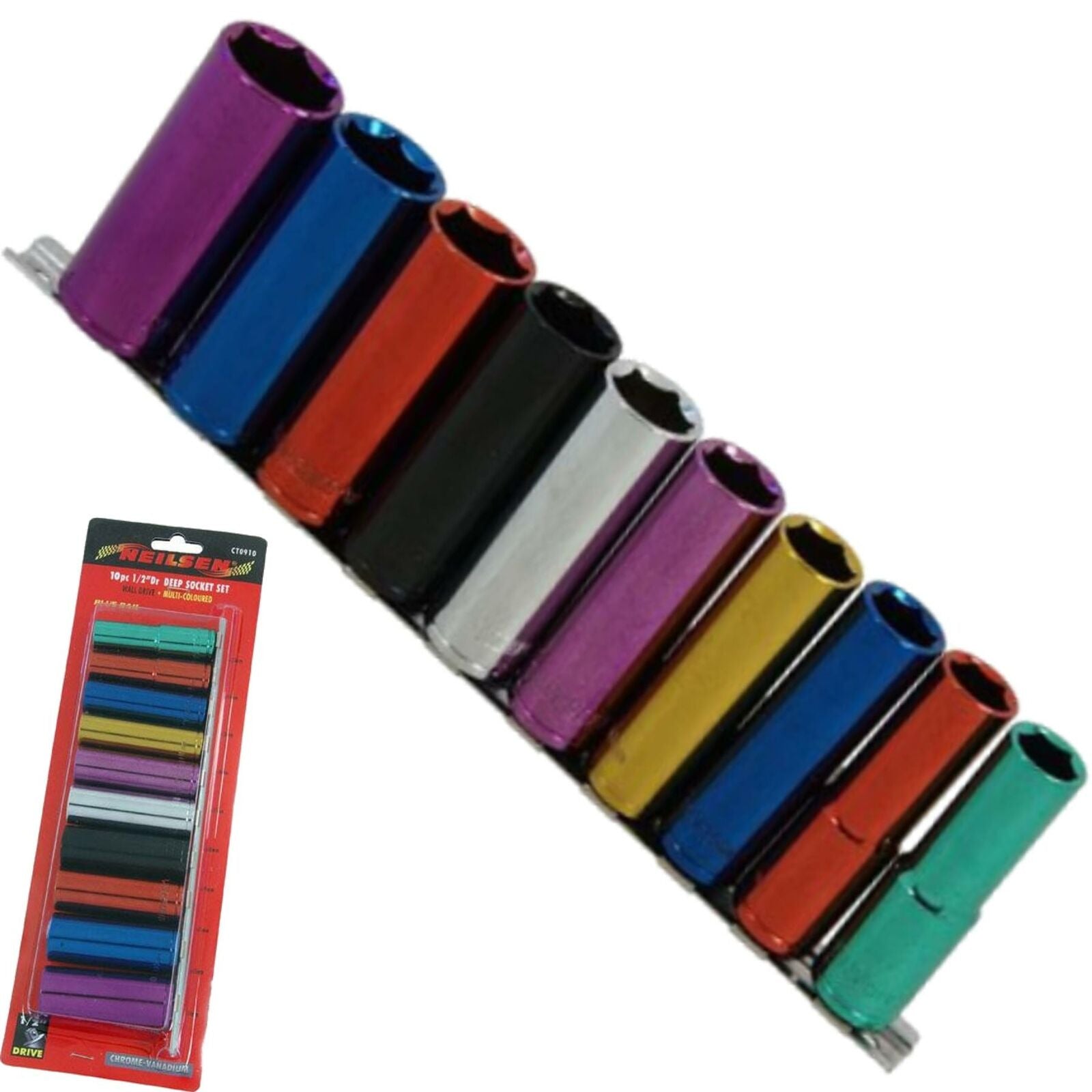 Neilsen 10pc Multi Coloured Metric Deep Socket 13mm - 24mm 6pt Set 1/2" Drive Neilsen 10pc Multi Coloured Metric Deep Socket 13mm - 24mm 6pt Set 1/2" Drive