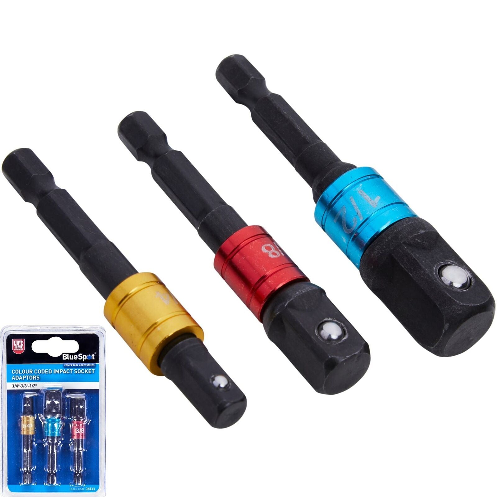BlueSpot Colour Coded Impact Socket Convertor Reducer Adapter Set 1/2" 1/4" 3/8" BlueSpot Colour Coded Impact Socket Convertor Reducer Adapter Set 1/2" 1/4" 3/8"