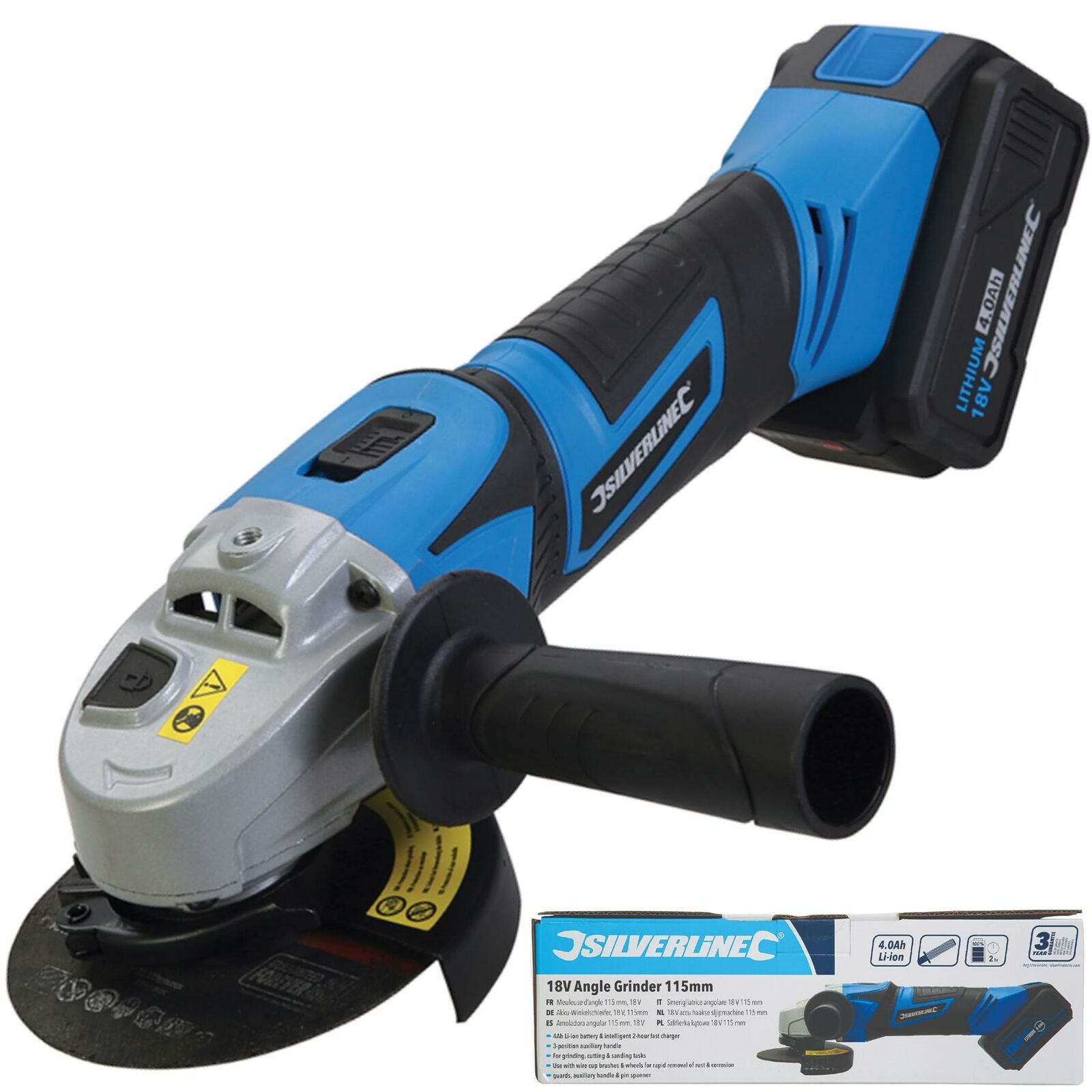 Silverline 18V 115mm Cordless Electric Angle Grinder 2Ah Li-ion battery 4.5" Silverline 18V 115mm Cordless Electric Angle Grinder 2Ah Li-ion battery 4.5"