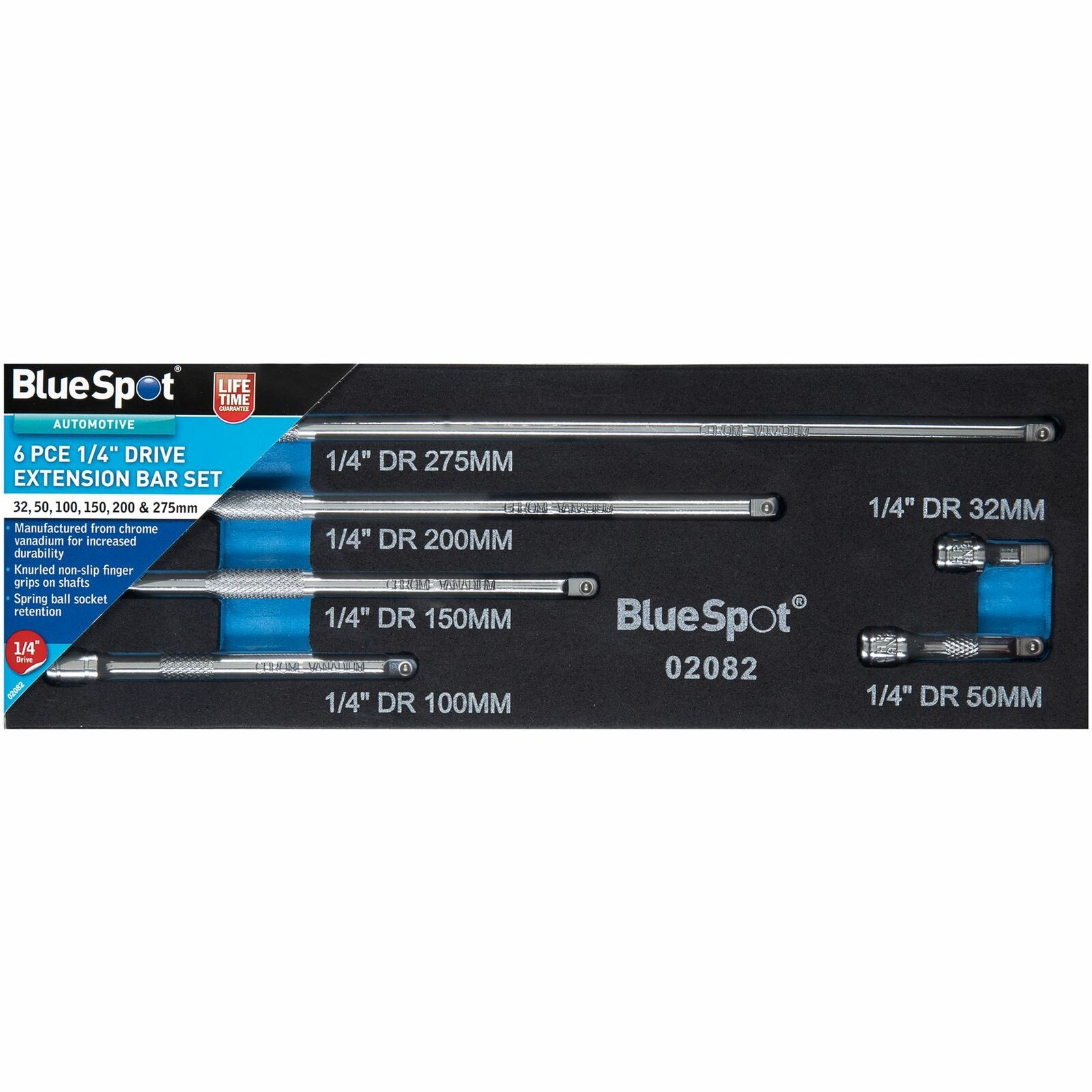 BlueSpot 6pc 1/4" Drive Socket Extension Bar Set 32 50 100 150 200 275mm Long BlueSpot 6pc 1/4" Drive Socket Extension Bar Set 32 50 100 150 200 275mm Long