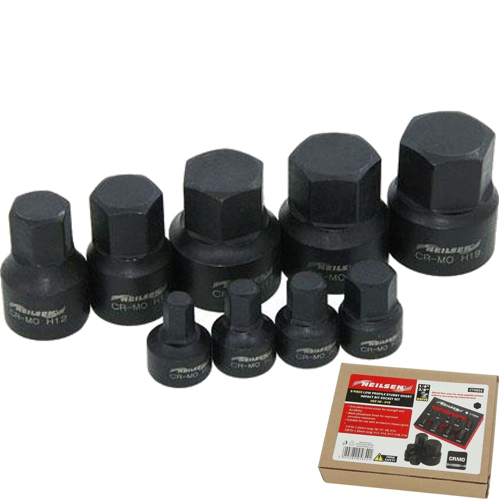Neilsen Low Profile Stubby Short Impact Hex Bit Socket Set 6mm - 19mm  9pc Neilsen Low Profile Stubby Short Impact Hex Bit Socket Set 6mm - 19mm  9pc