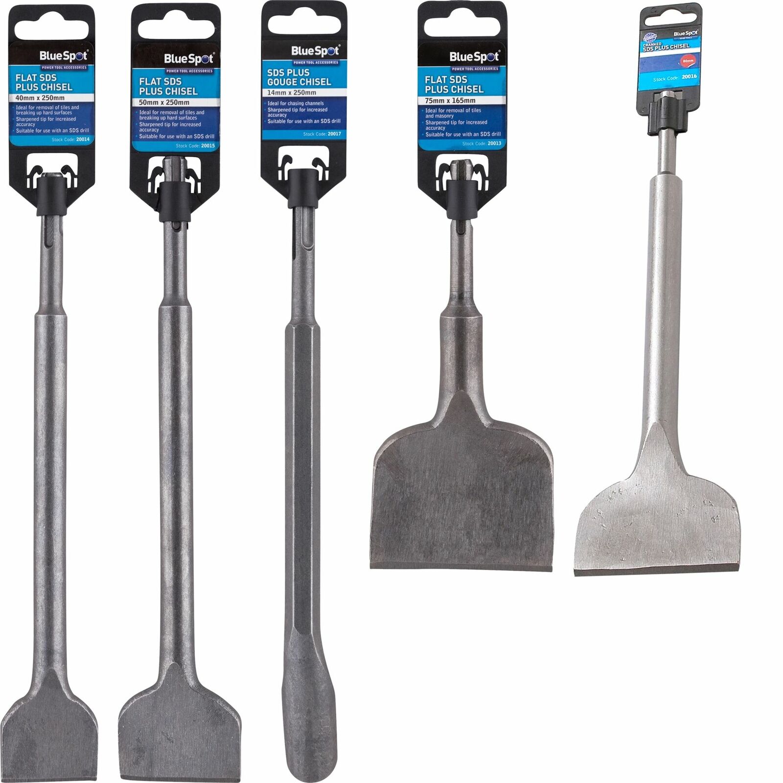 Bluespot SDS Plus Drill Chisels Masonry Bit Set Gouge Cranked Flat 14mm - 80mm Bluespot SDS Plus Drill Chisels Masonry Bit Set Gouge Cranked Flat 14mm - 80mm