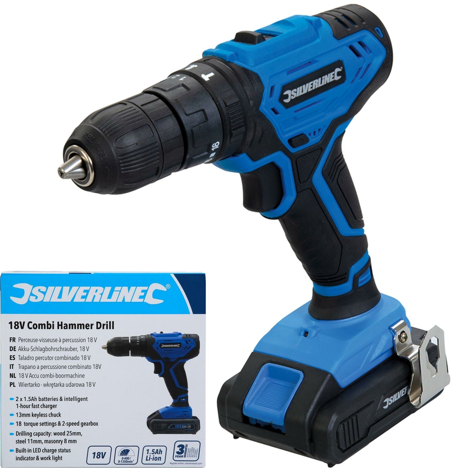 Silverline 18V Electric Combi Hammer Drill Keyless Chuck Li-Ion Battery Silverline 18V Electric Combi Hammer Drill Keyless Chuck Li-Ion Battery