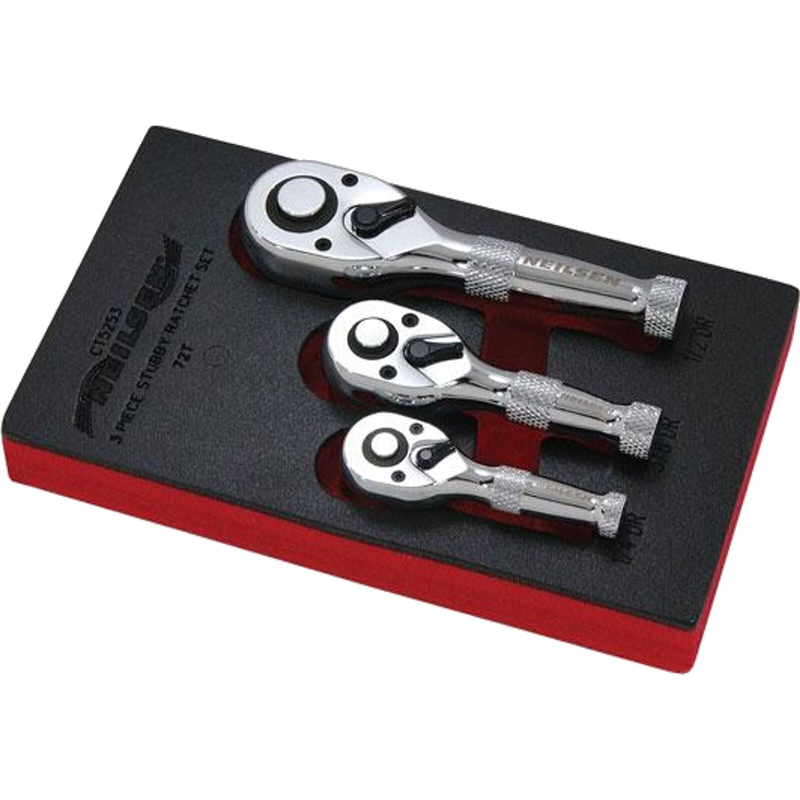 Neilsen Stubby Socket Ratchet Handle Set 1/4" 3/8" 1/2" 72T Set In EVA Foam 3pc Neilsen Stubby Socket Ratchet Handle Set 1/4" 3/8" 1/2" 72T Set In EVA Foam 3pc