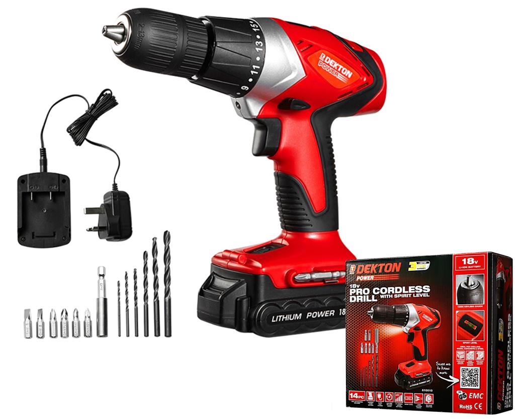 Dekton 18V Li-Ion Cordless Drill Electric Screwdriver Driver LED 13pc Bit Set Dekton 18V Li-Ion Cordless Drill Electric Screwdriver Driver LED 13pc Bit Set