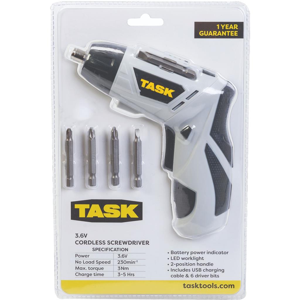 Task 3.6v Rechargeable Battery Power Cordless Screwdriver Drill Bit Set 5pc Task 3.6v Rechargeable Battery Power Cordless Screwdriver Drill Bit Set 5pc